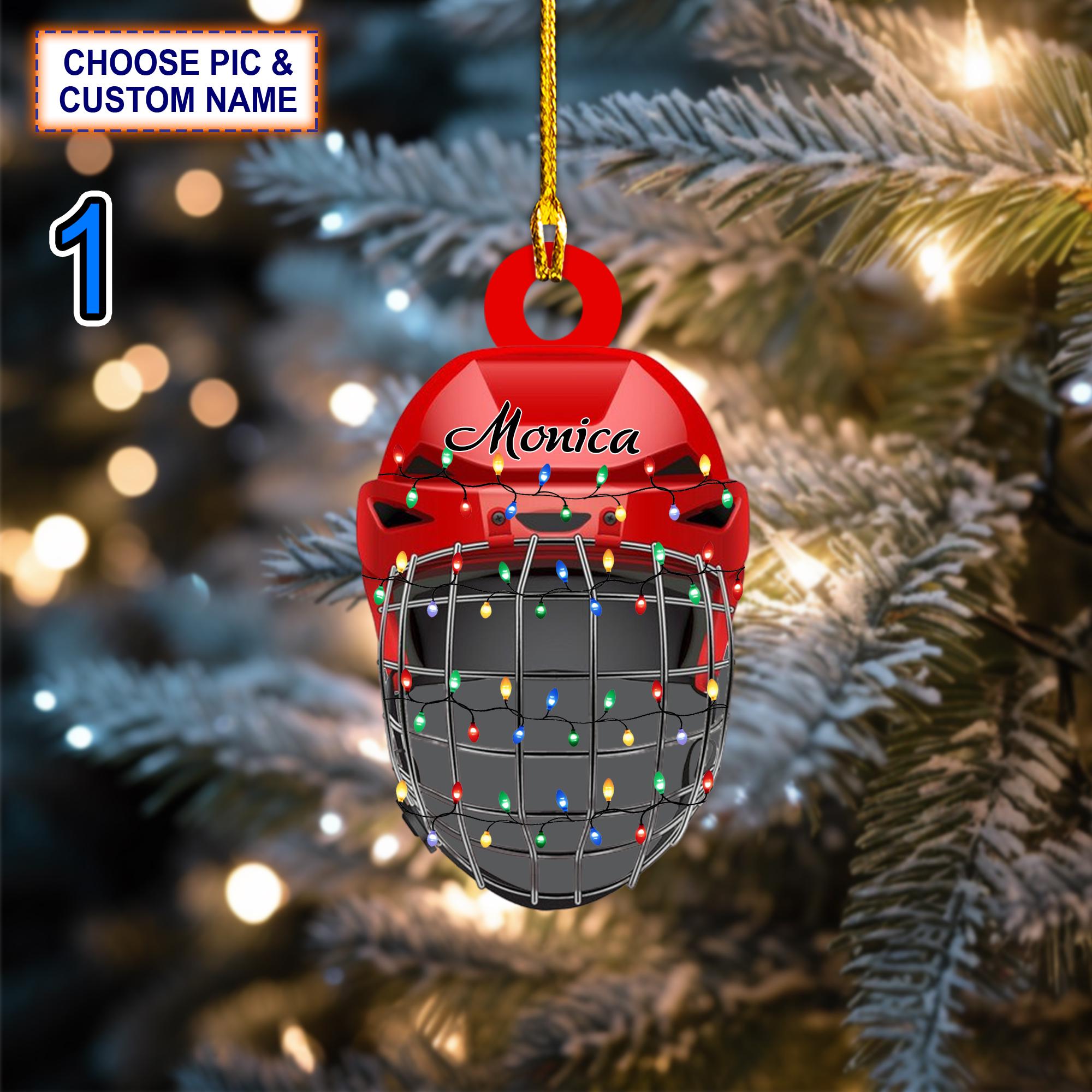 Custom Name Ice Hockey HelmetChristmas Ornament, Christmas Tree Hanging Decor, Christmas Ornament, Flat 2D Ornament Acrylic/ Wooden