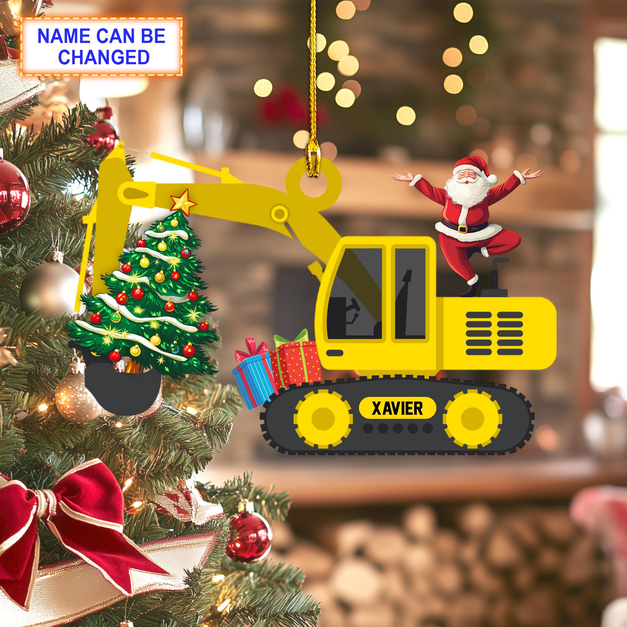 Custom Name Christmas Excavator Construction Personalized Ornament, Christmas Tree Hanging Decor,Flat 2D Ornament Acrylic/ Wooden