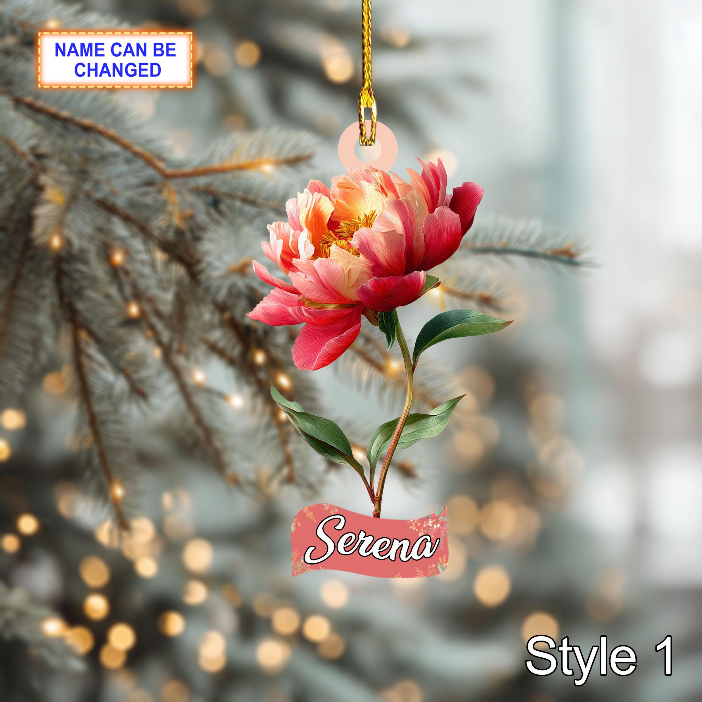 Custom Name Dry Pressing Peony Personalized Ornament, Christmas Tree Hanging Decoration, 2D Flat Acrylic Christmas Ornament Holiday Gift