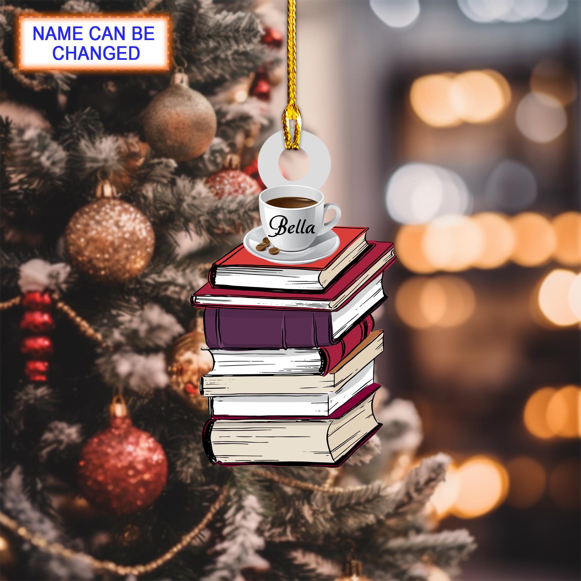 Custom Name Books And Coffee Christmas Ornament, Christmas Tree Hanging Decor, Flat 2D Ornament Acrylic/ Wooden, Gift for Book Lovers