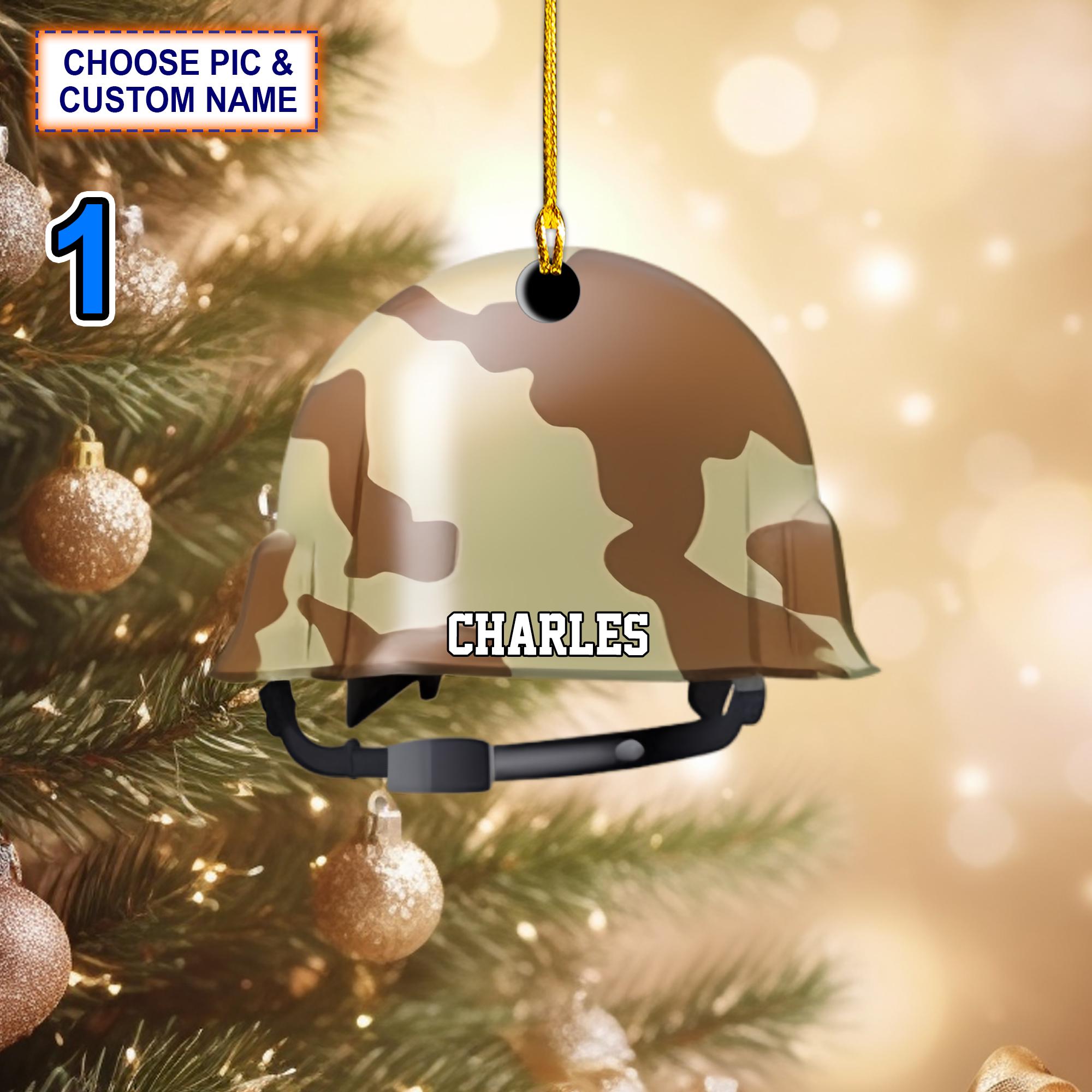 Custom Name Military Helmet Christmas Ornament, Christmas Tree Hanging Decor, Flat 2D Ornament Acrylic/ Wooden, Gift For Veteran
