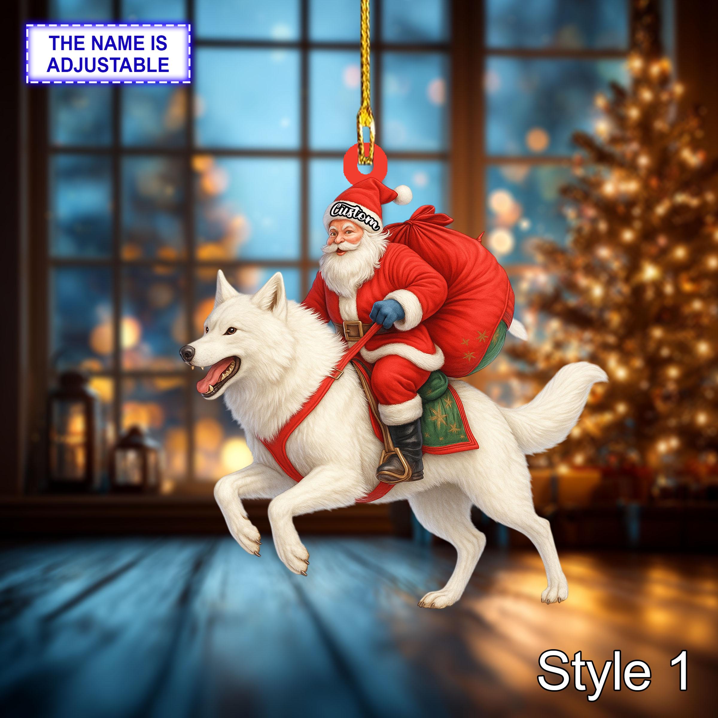Santa riding Wolf acrylic 2D flat Christmas ornament, festive tree hanging acrylic holiday decoration, unique Santa riding wolf holiday gift