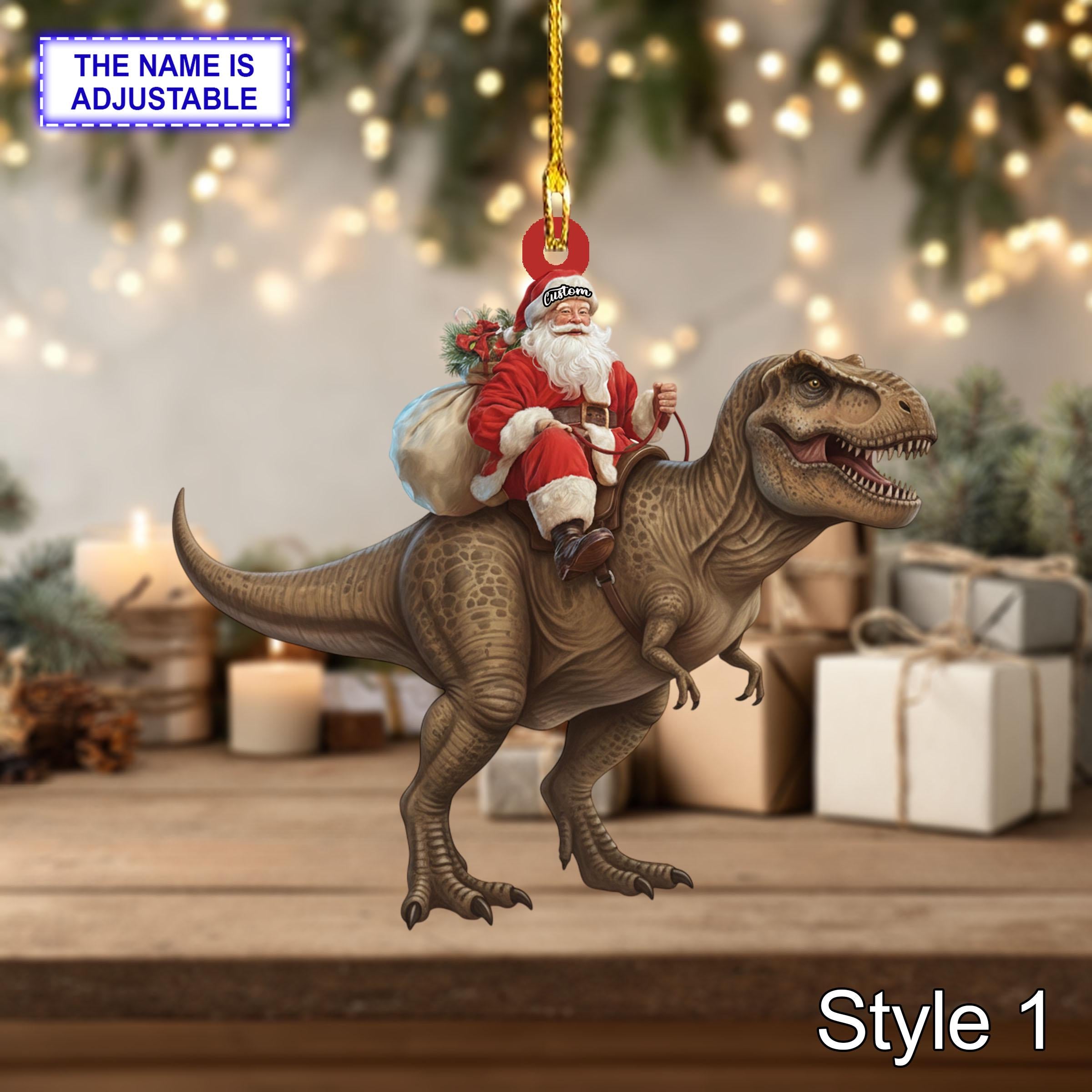 Santa riding T-Rex acrylic 2D flat Christmas ornament, festive tree hanging acrylic holiday decoration, unique Santa riding dinosaur gift