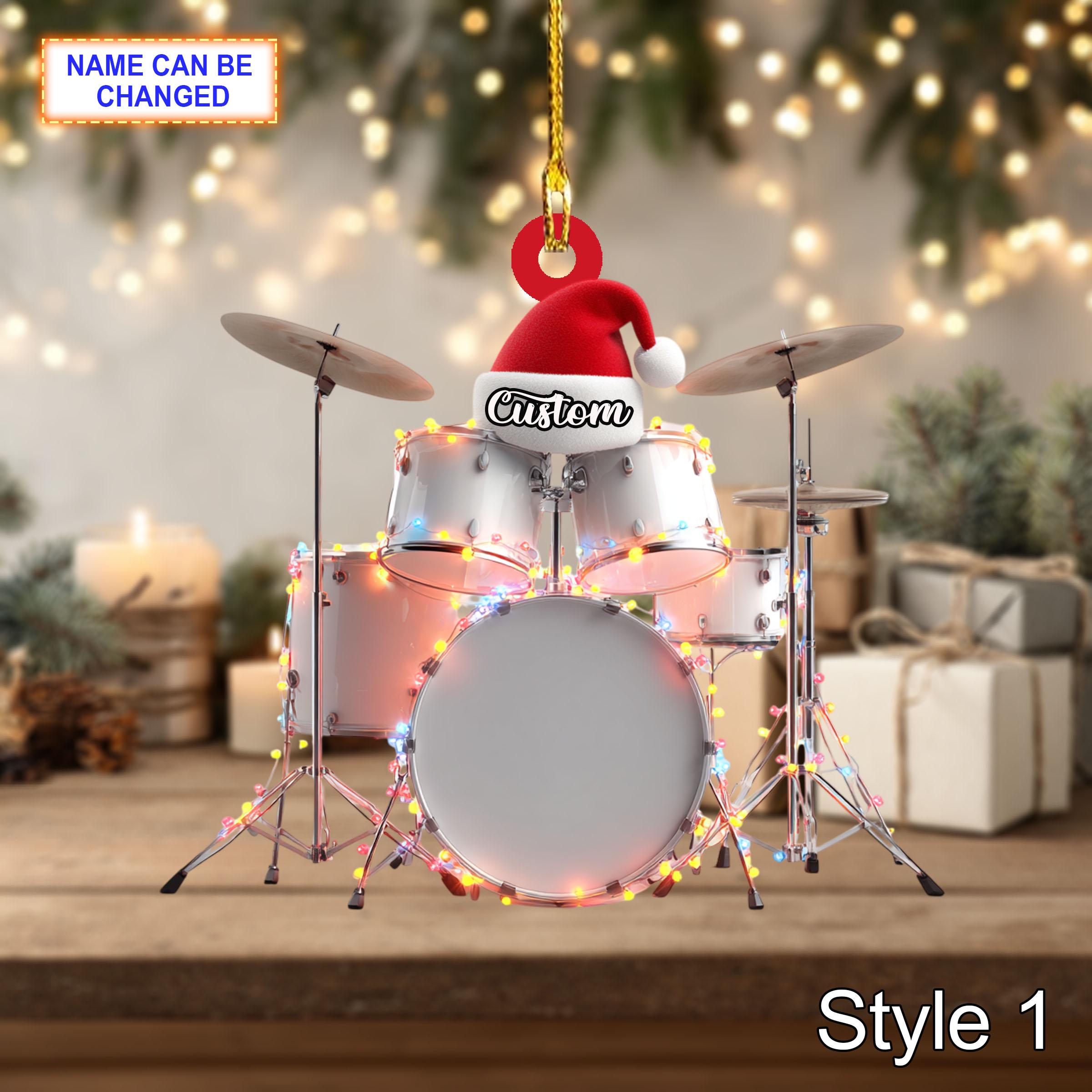 Musical Drum Set acrylic 2D flat Christmas ornament, festive tree hanging acrylic holiday decoration, unique drum set musical holiday gift