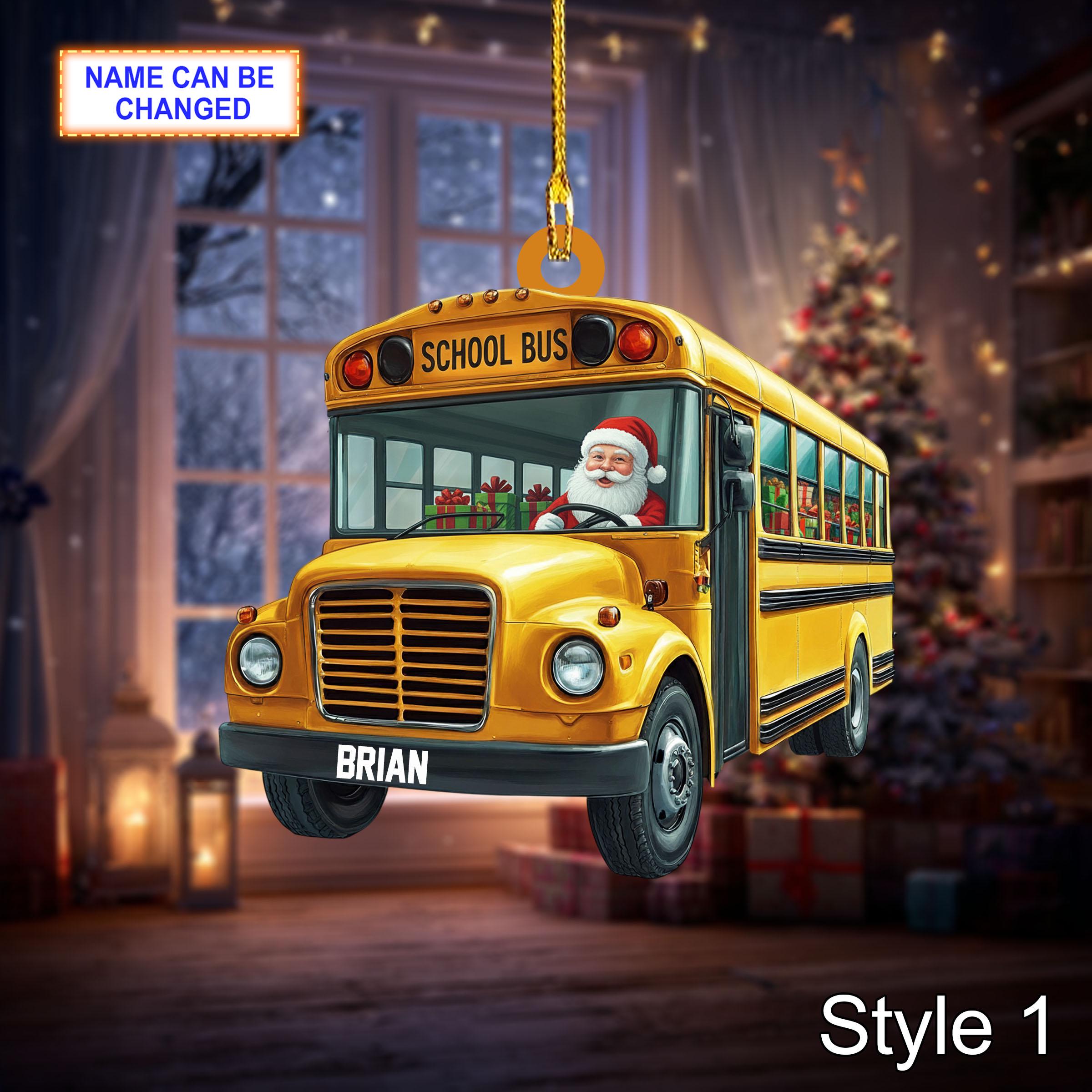 Custom Name Santa Drives School Bus Carrying Gifts Ornament, Christmas Tree Hanging Decor, 2D Flat Acrylic Christmas Ornament Holiday Gift