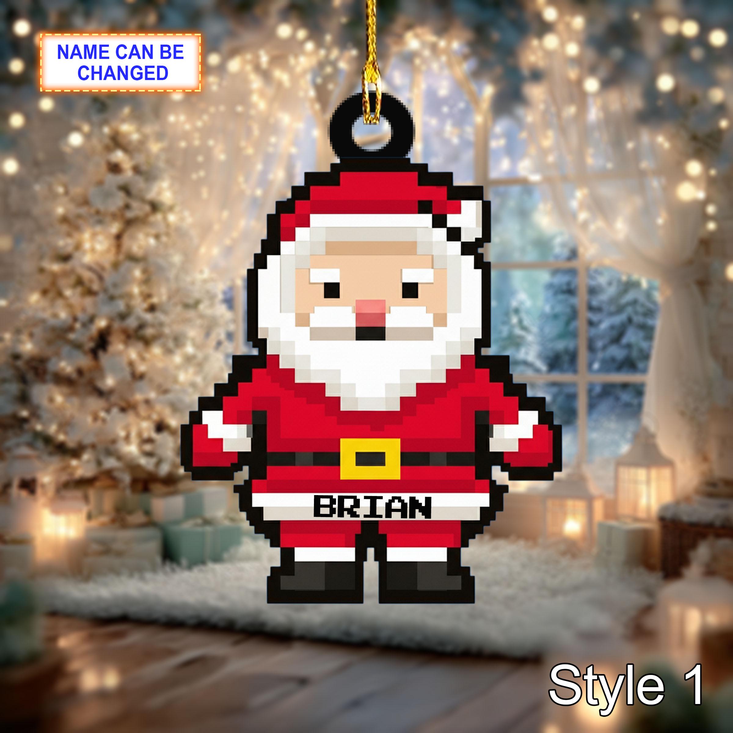 Custom Name Pixel Santa Claus Personalized Ornament, Christmas Tree Hanging Decor, 2D Flat Acrylic Christmas Ornament Holiday Gift Sets