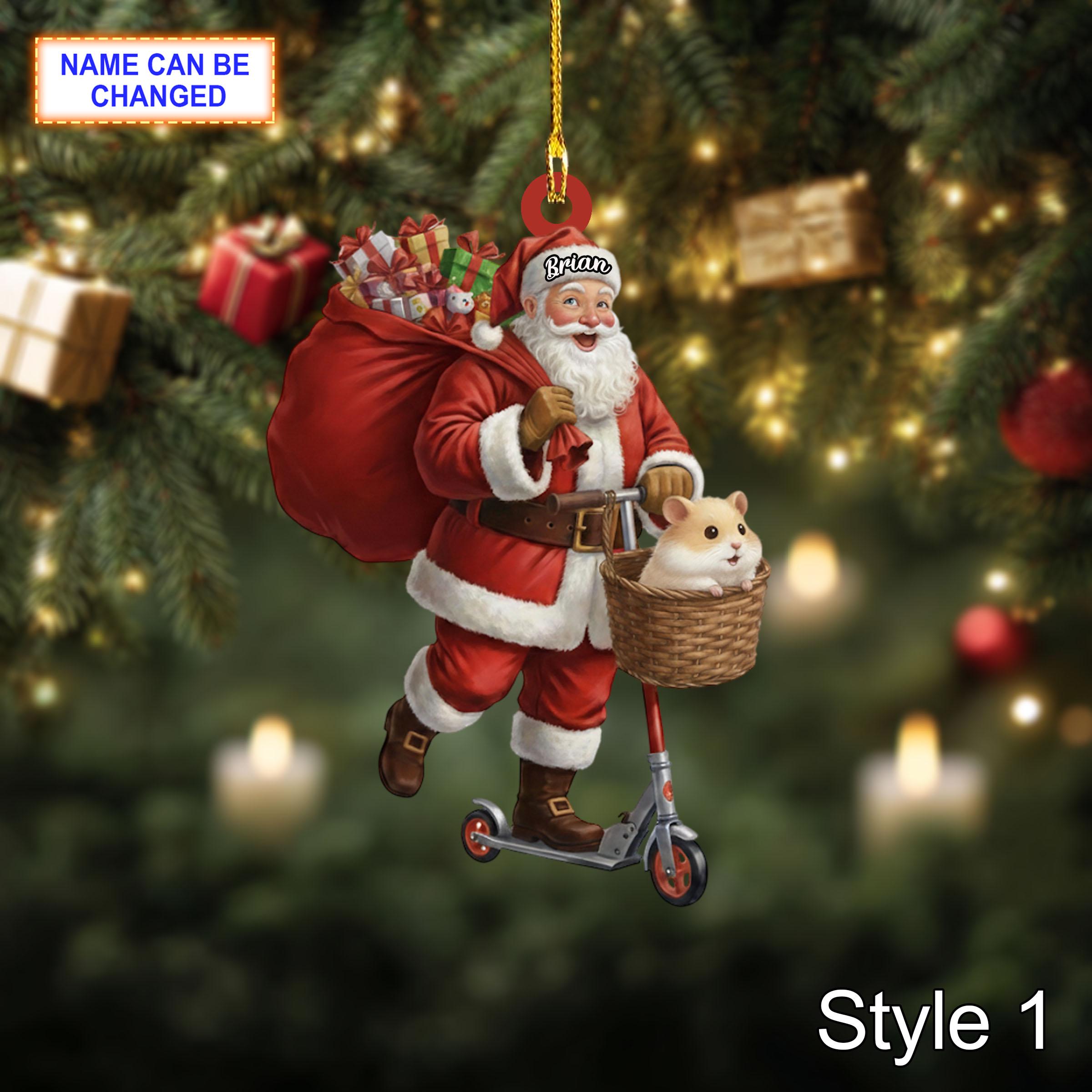 Custom Name Santa Kick Scooter Hamster Personalized Ornament, Christmas Tree Hanging Decor, 2D Flat Acrylic Christmas Ornament Holiday Gift