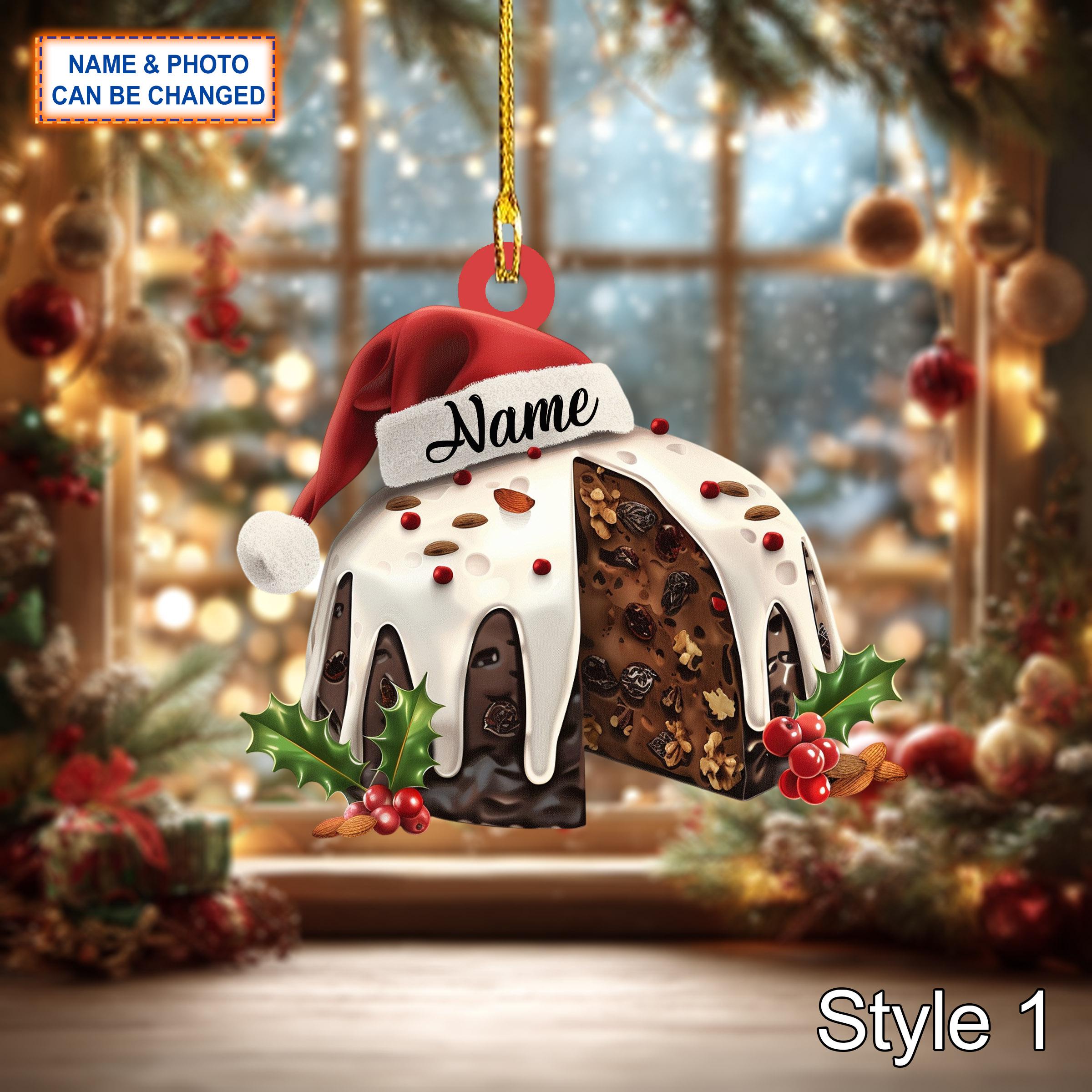 Custom Name Cake Christmas Pudding Personalized Ornament, Christmas Tree Hanging Decor, 2D Flat Acrylic Christmas Ornament Holiday Gift