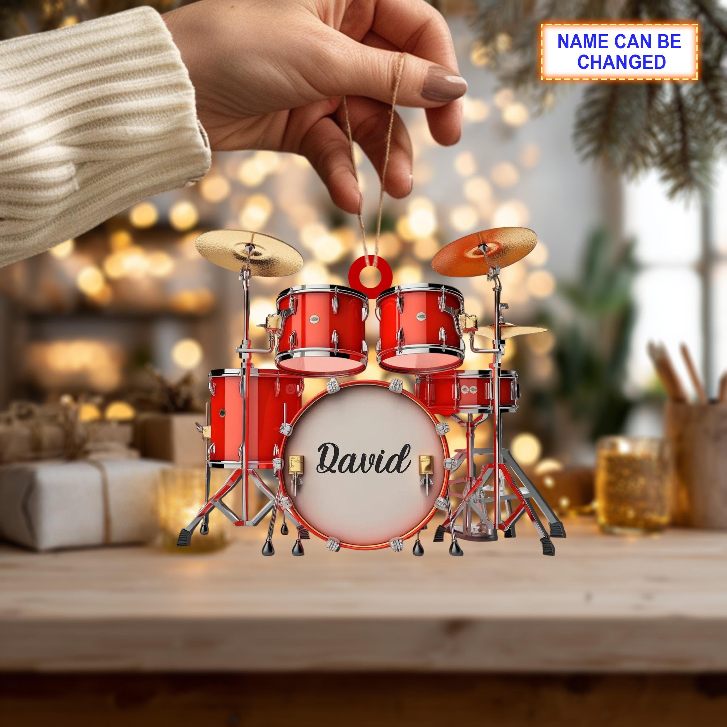 Custom Name Red Drum Set Christmas Ornament, Christmas Tree Hanging Decor, Flat 2D Ornament Acrylic, Gift For Drummer Player