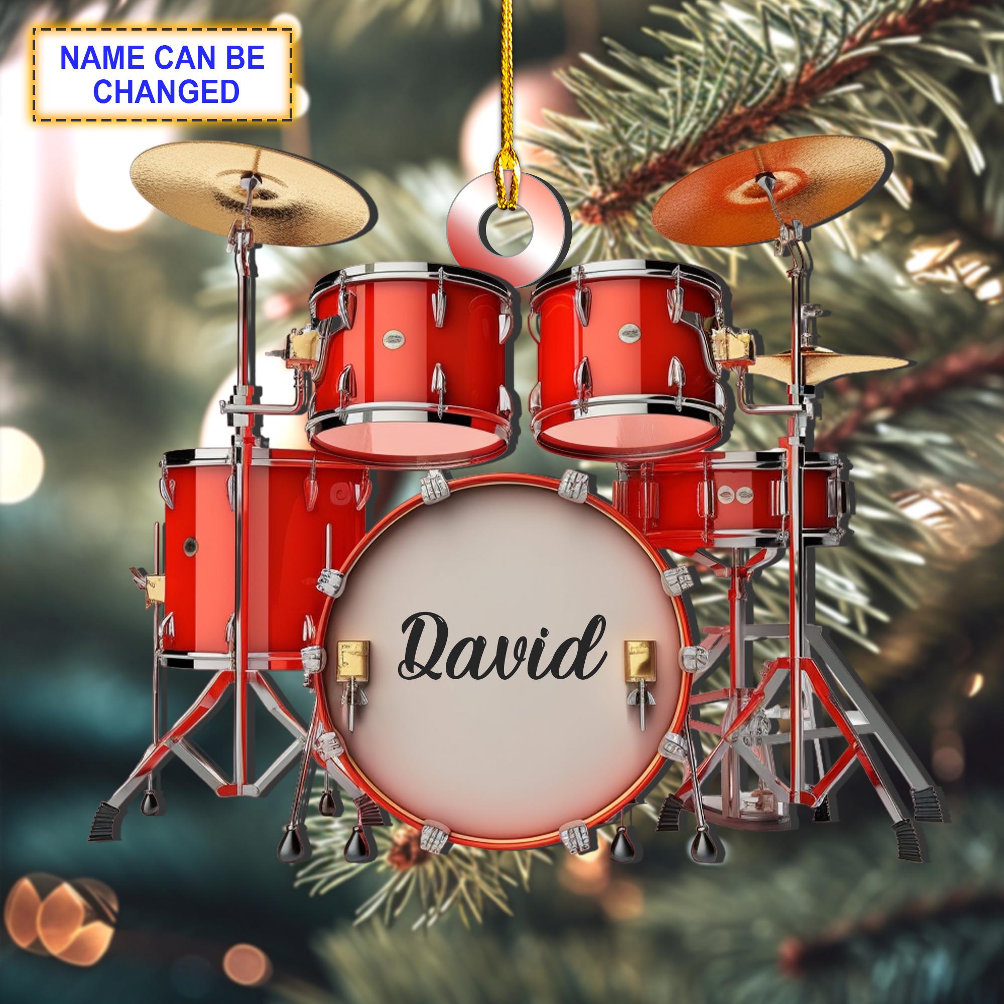 Custom Name Red Drum Set Christmas Ornament, Christmas Tree Hanging Decor, Flat 2D Ornament Acrylic/Wooden, Gift For Drummer Player