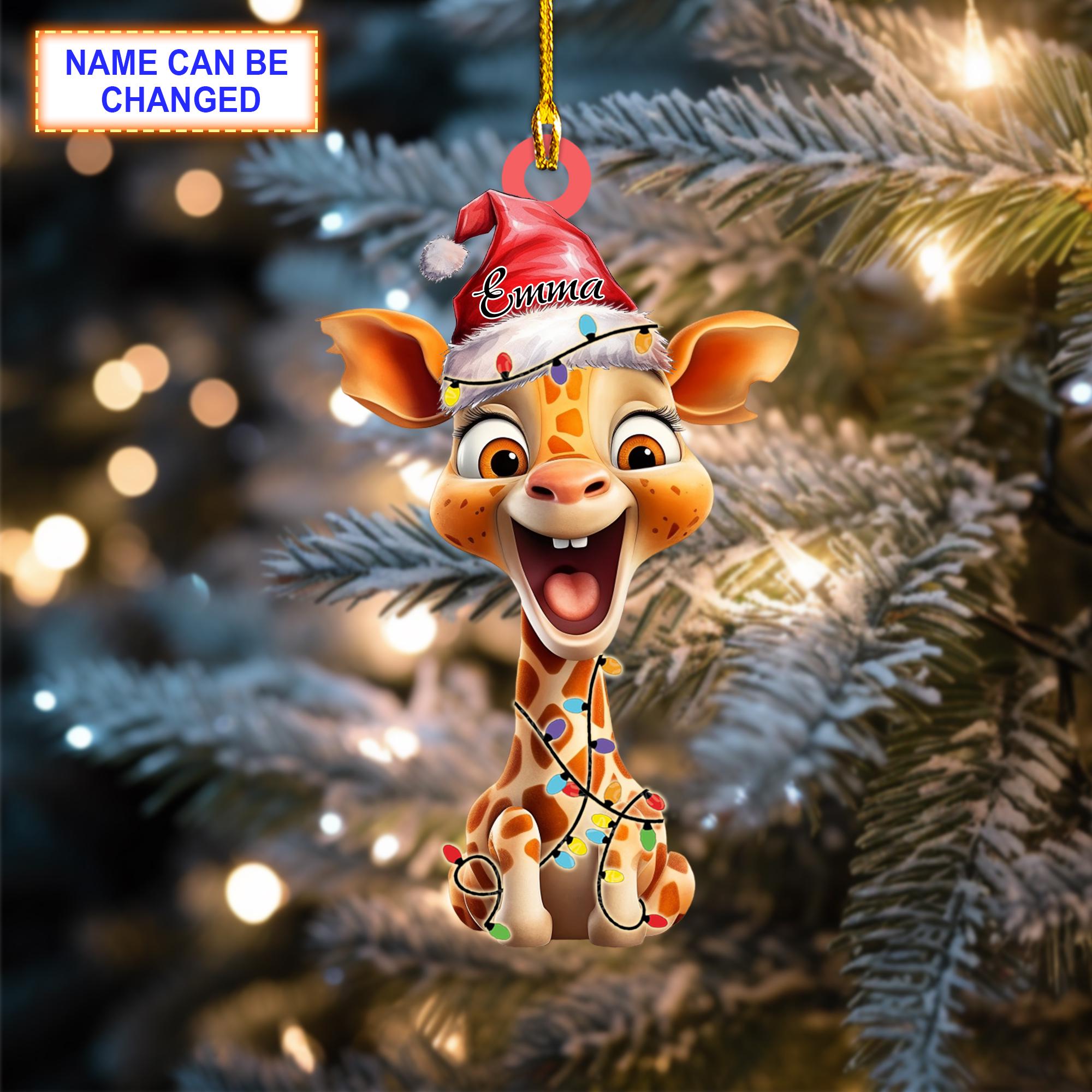 Custom Name Giraffe With Christmas Hat Christmas Ornament, Christmas Tree Hanging Decor, Flat 2D Ornament Acrylic/ Wooden, Animal Lover Gift