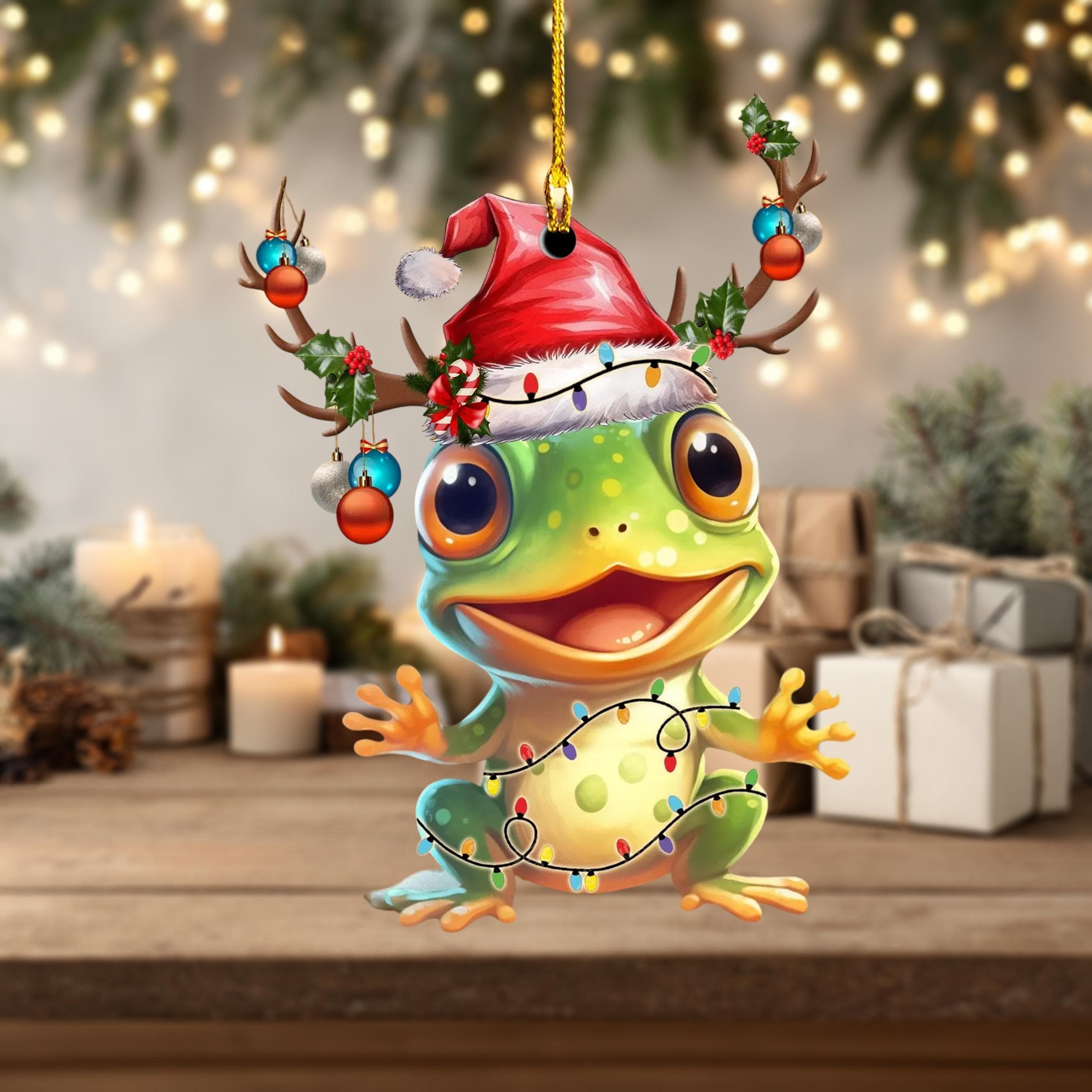 Frog With Christmas Hat Christmas Ornament, Christmas Tree Hanging Decor, Flat 2D Ornament Acrylic, Frog Lover Ornament Gift