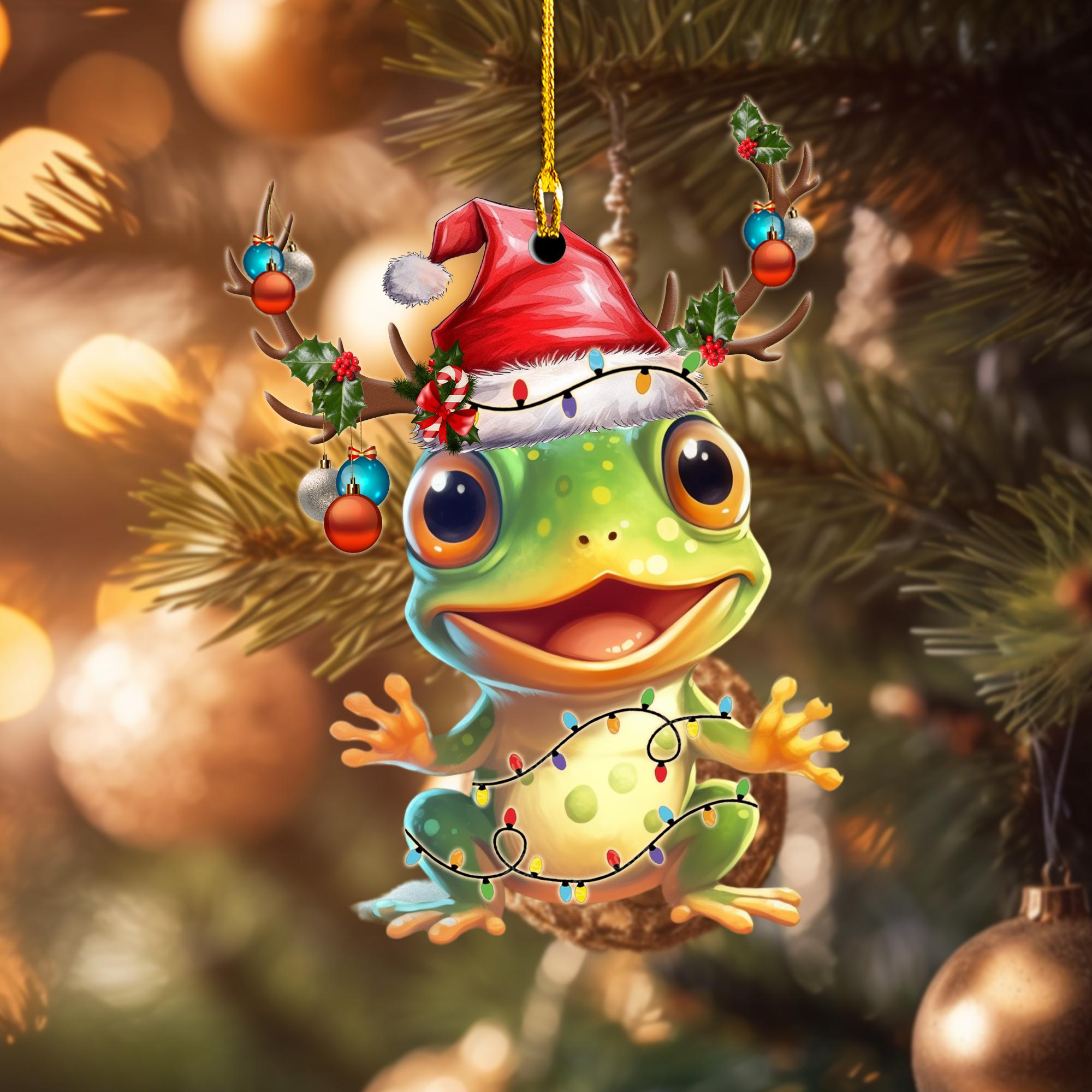 Frog With Christmas Hat Christmas Ornament, Christmas Tree Hanging Decor, Flat 2D Ornament Acrylic/ Wooden, Frog Lover Ornament Gift