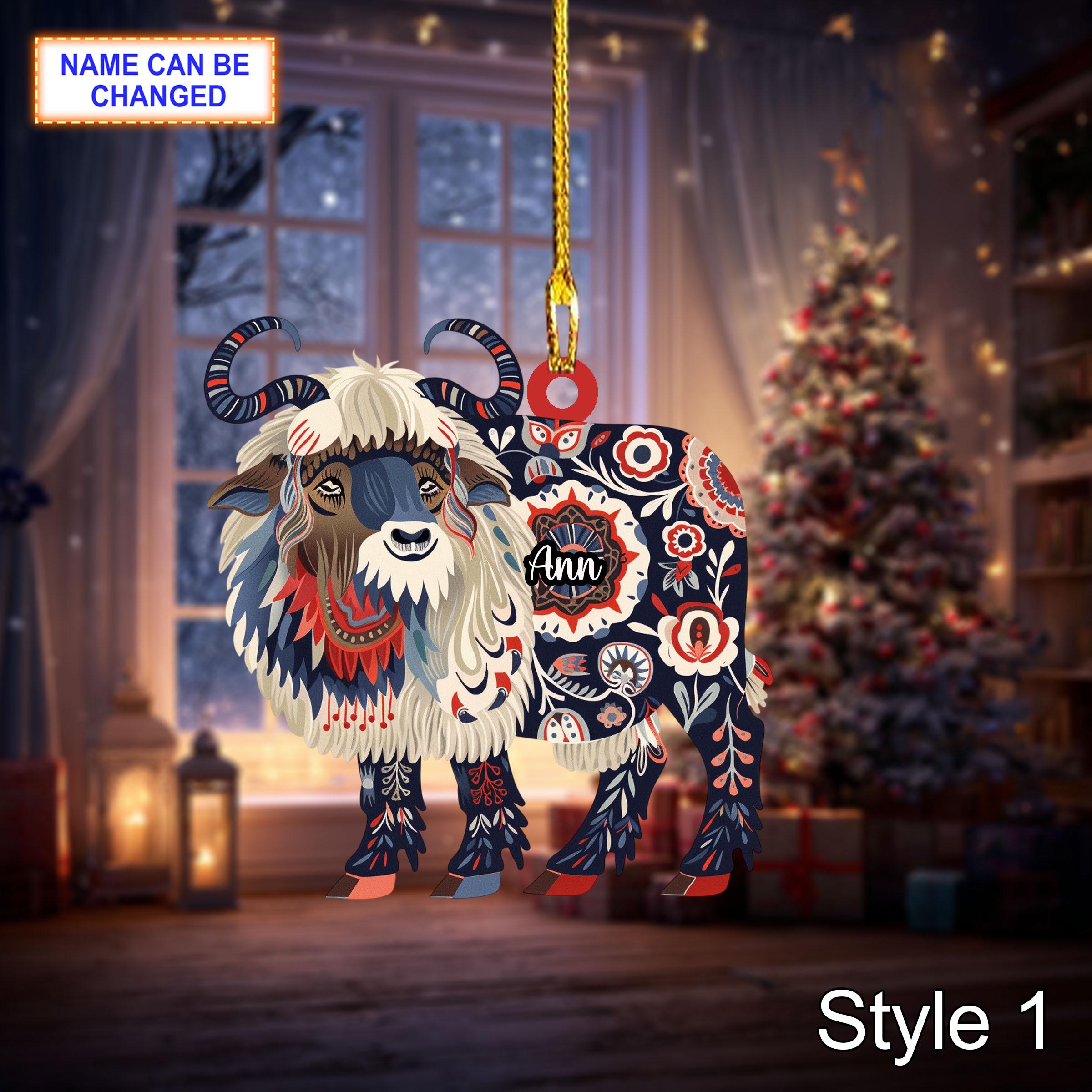 Custom Name Scandinavian Style Musk Ox Personalized Ornament, Christmas Tree Hanging Decor, 2D Flat Acrylic Christmas Ornament Holiday Gift