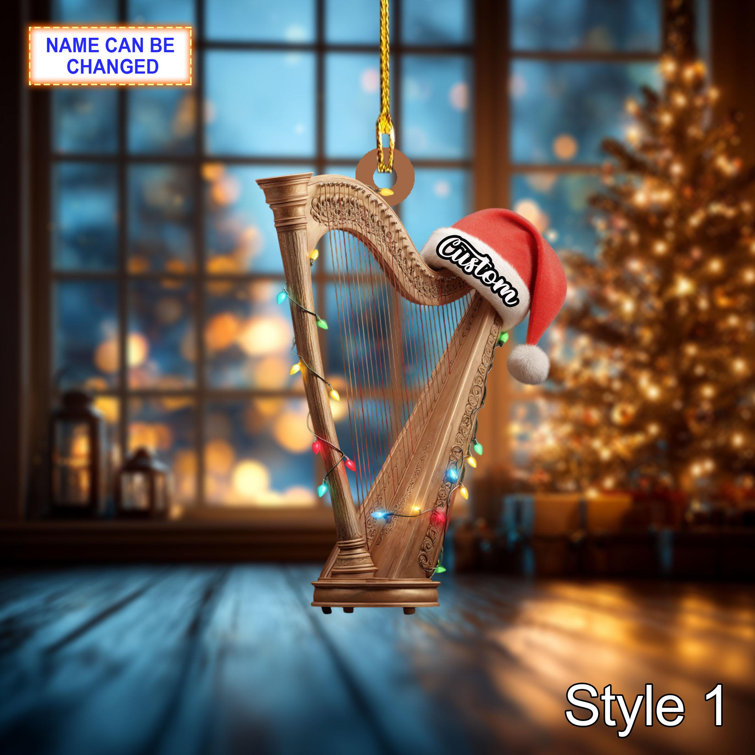 Musical Harp acrylic 2D flat Christmas ornament, festive tree hanging acrylic holiday decoration, unique harp musical holiday festive gift