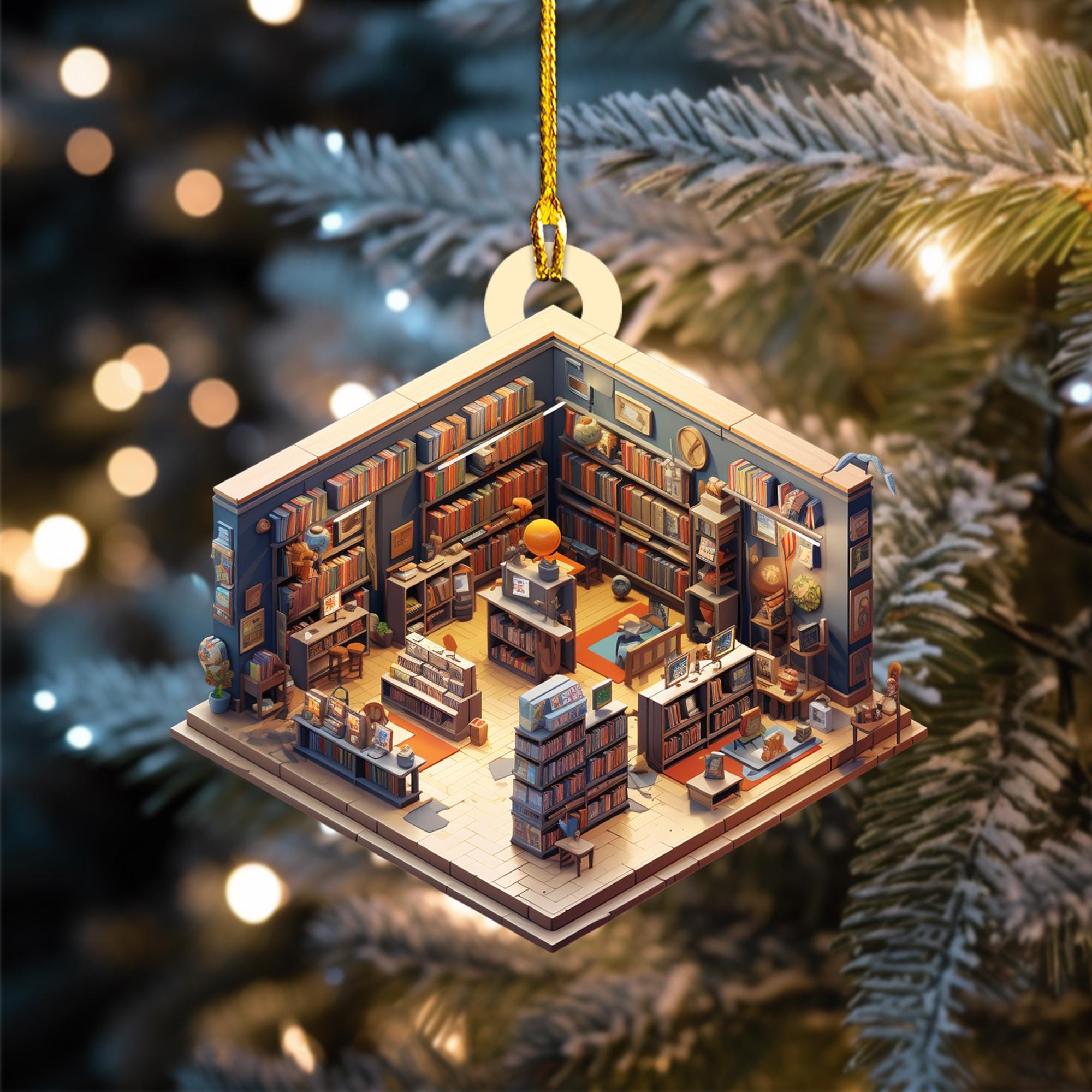 Book Store Christmas Ornament, Christmas Tree Hanging Decor, Flat 2D Ornament Acrylic/ Wooden, Ornament for Book Lovers