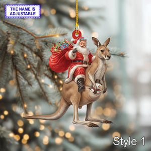 Santa riding Kangaroo acrylic 2D flat Christmas ornament, festive tree hanging acrylic holiday decoration, unique Santa riding kangaroo gift