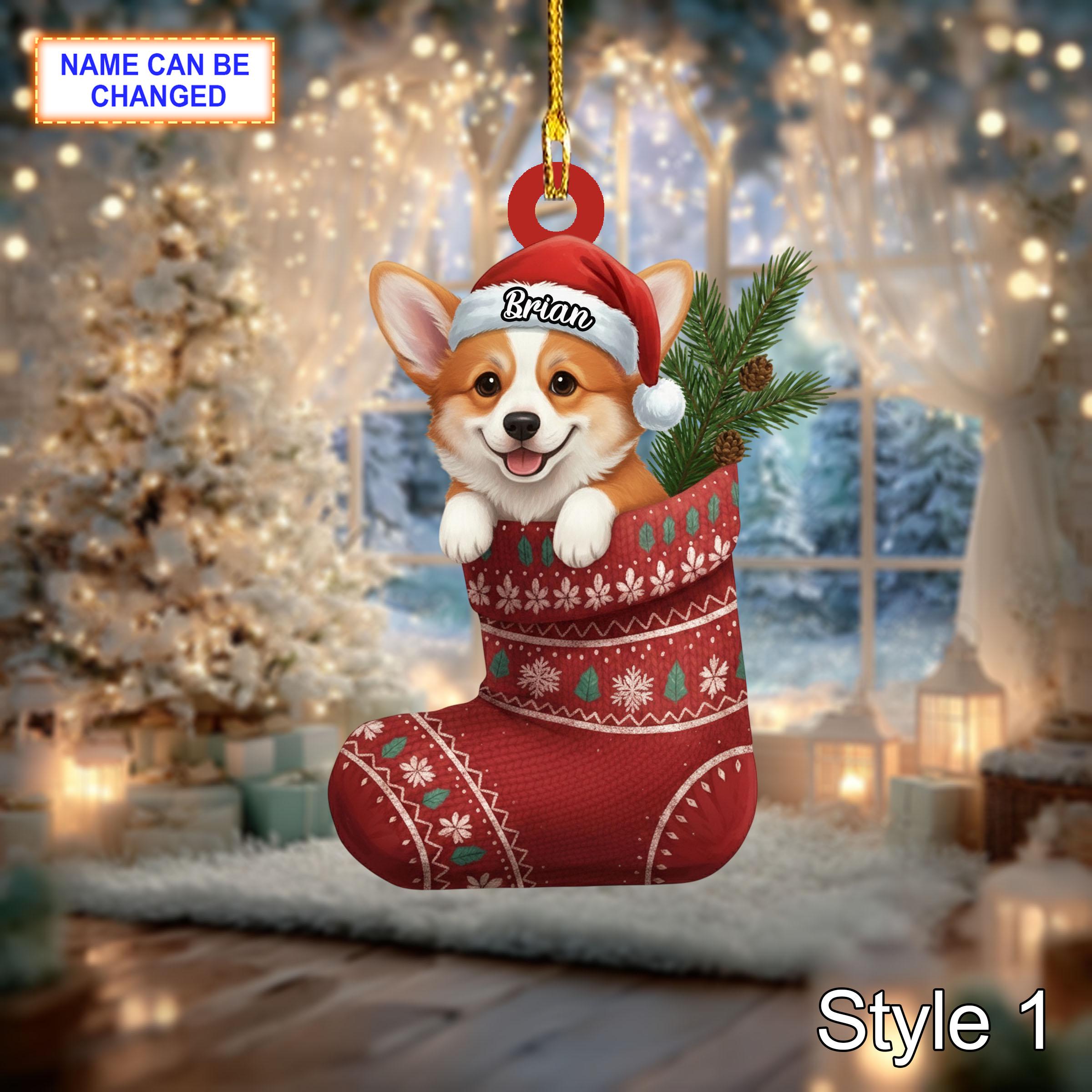 Custom Name Dog in Stocking Corgi Wales Personalized Ornament, Christmas Tree Hanging Decor, 2D Flat Acrylic Christmas Ornament Holiday Gift