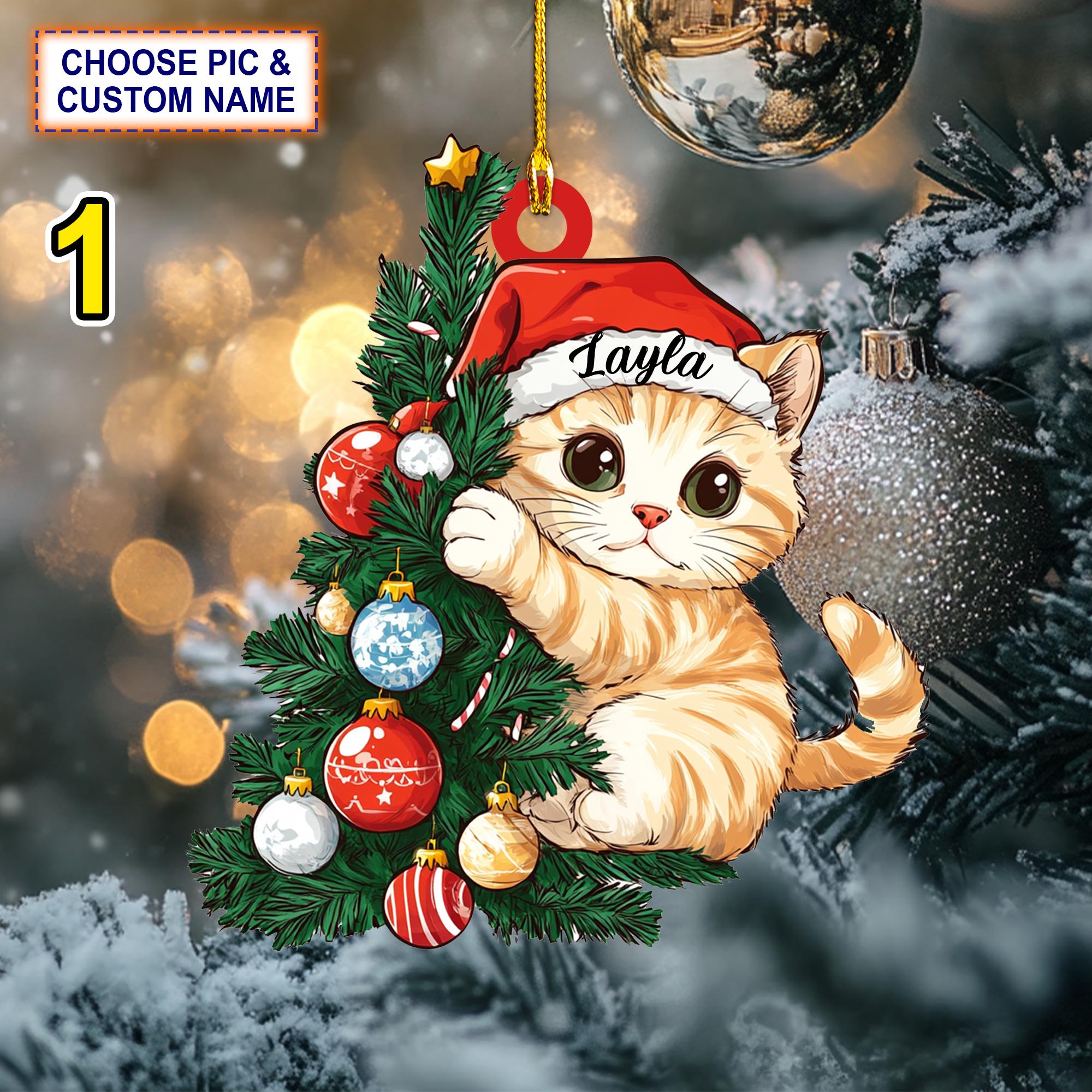 Custom Name Cute Cat Christmas Personalized Ornament, Christmas Tree Hanging Decor,Flat 2D Ornament Acrylic/ Wooden, Gift For Cat Lover