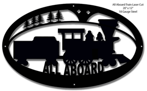 Railspirit All Aboard Locomotive Train Laser Cut Silhouette Metal Script Art Sign - Railroad Wall Decor Art