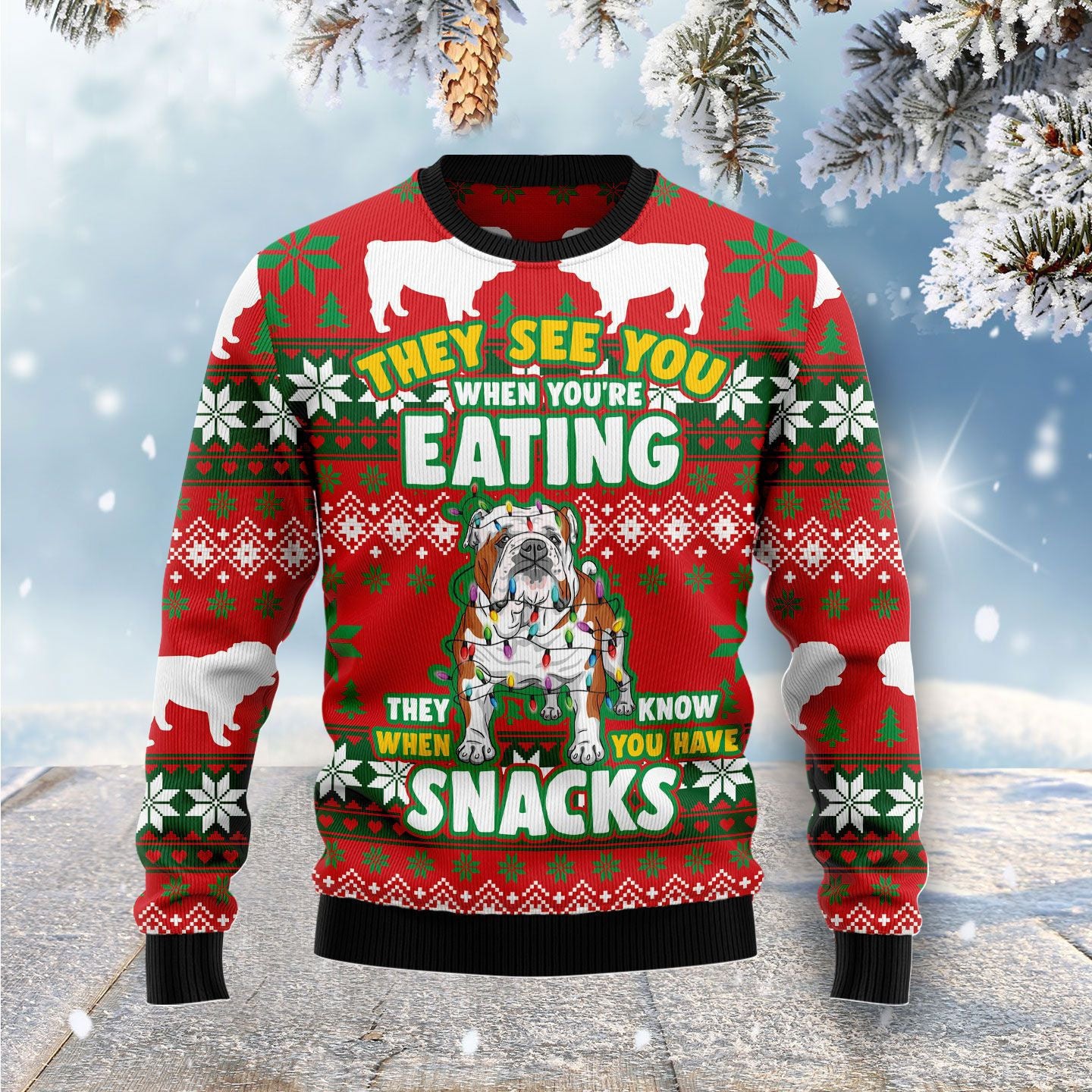 Bulldog Snacks Ugly Christmas Sweater 3D Printed Best Gift For Xmas Adult, Ugly Christmas Sweater, Funny Xmas Sweaters