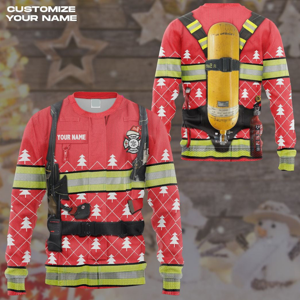 Personalized Custom Name 3D Firefighter Christmas Ugly Sweater, Ugly Christmas Sweater, Funny Xmas Sweaters