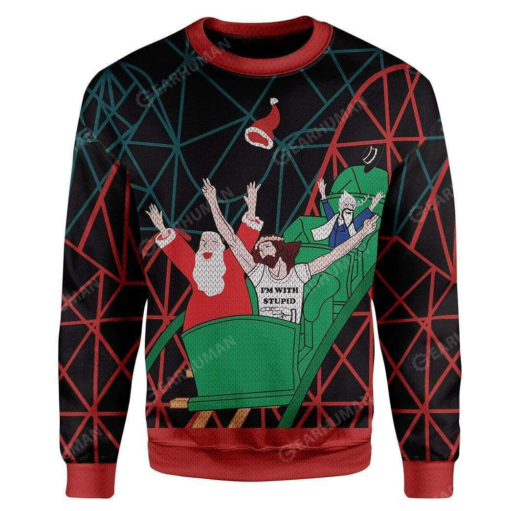Santa And Jesus Roller Coaster Christmas Ugly Sweater, Funny Christmas Sweaters