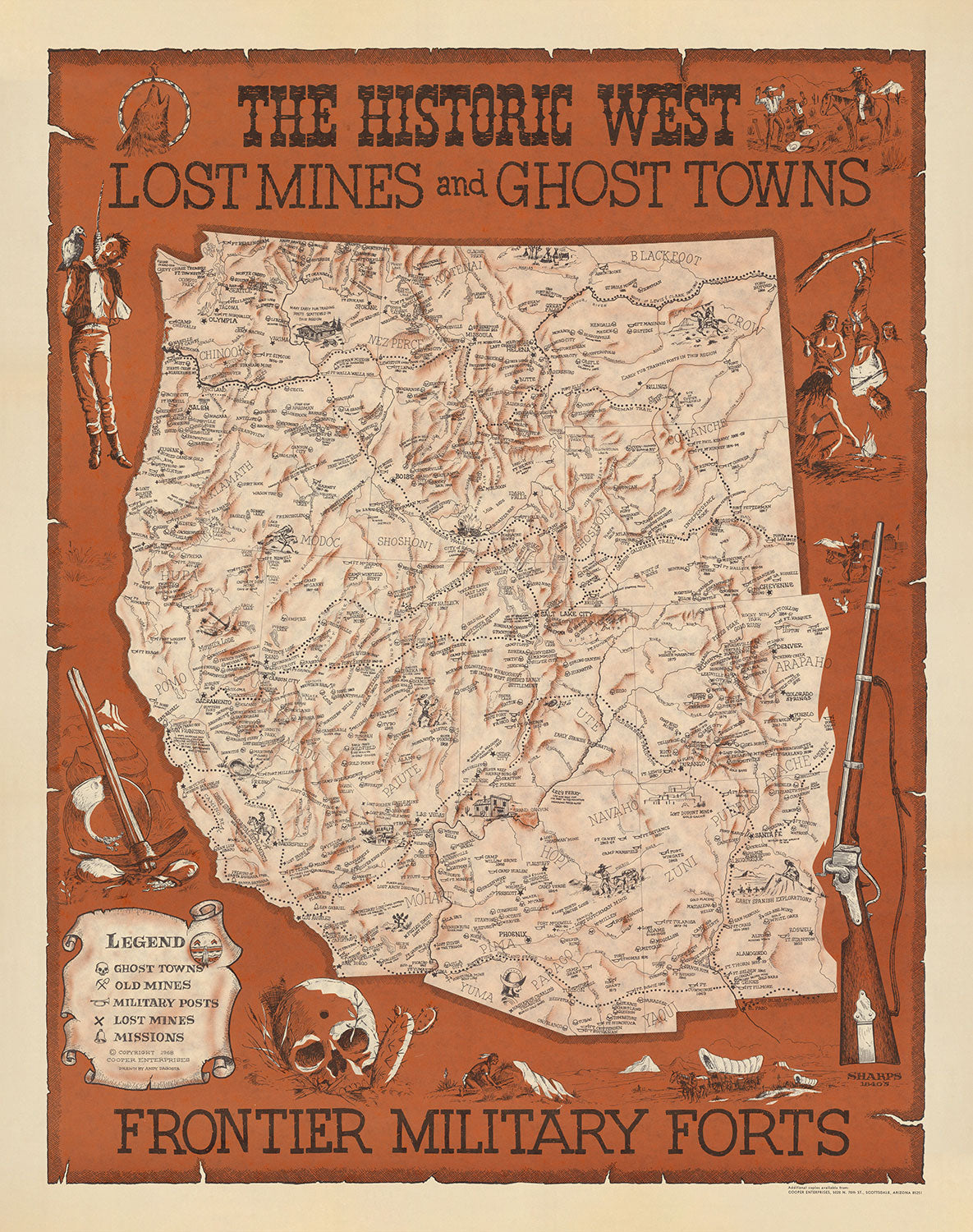Old Map of the American Wild West by Andy Dagosta in 1968 - Cowboys, Indians, Outlaws, Frontier, Oregon Trail