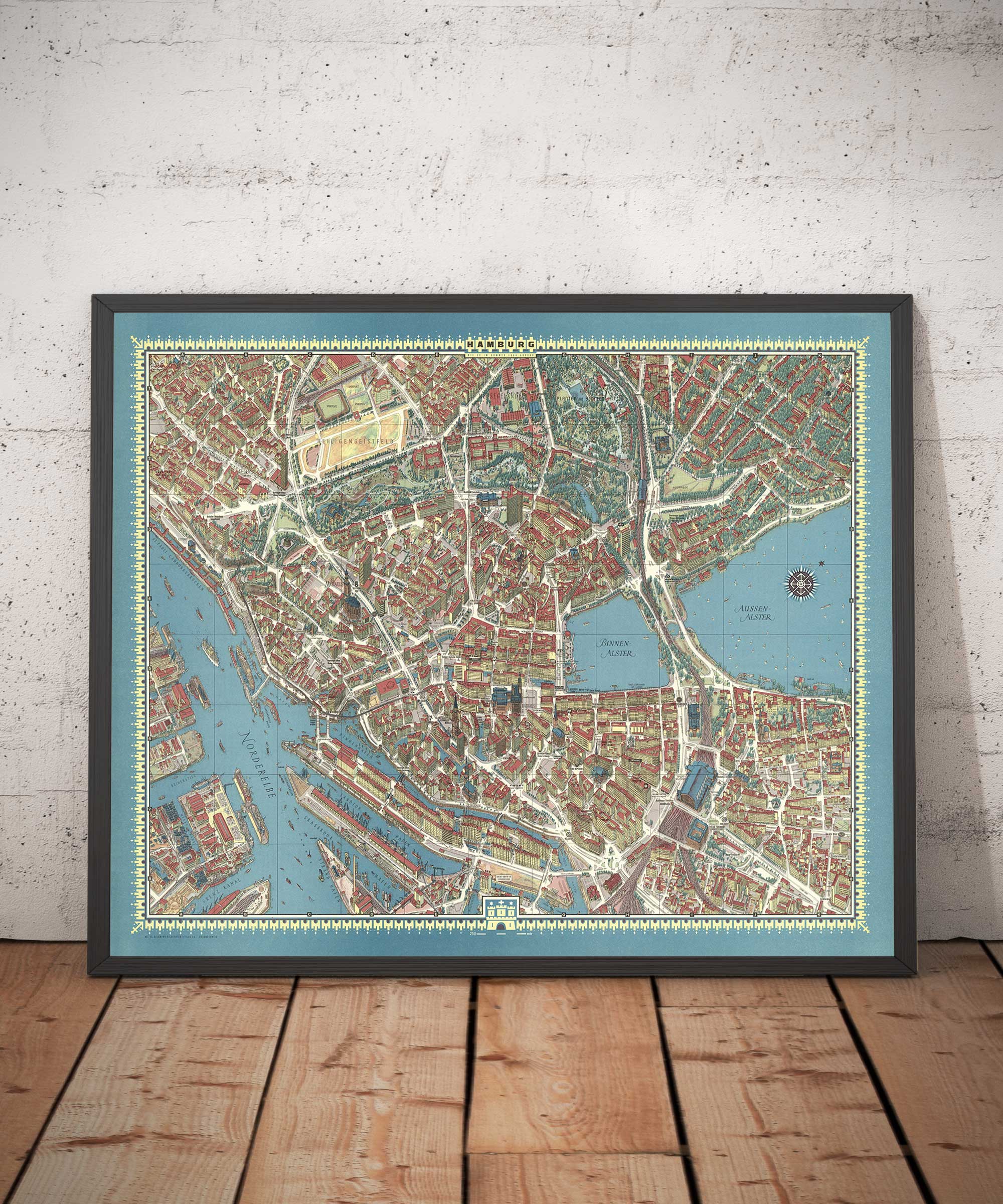 Old Map of Hamburg in 1964 by Hermann Bollman - Binnenalster, Alster Lakes, Heiligengeistfeld, Planten un Blomen, Central Station