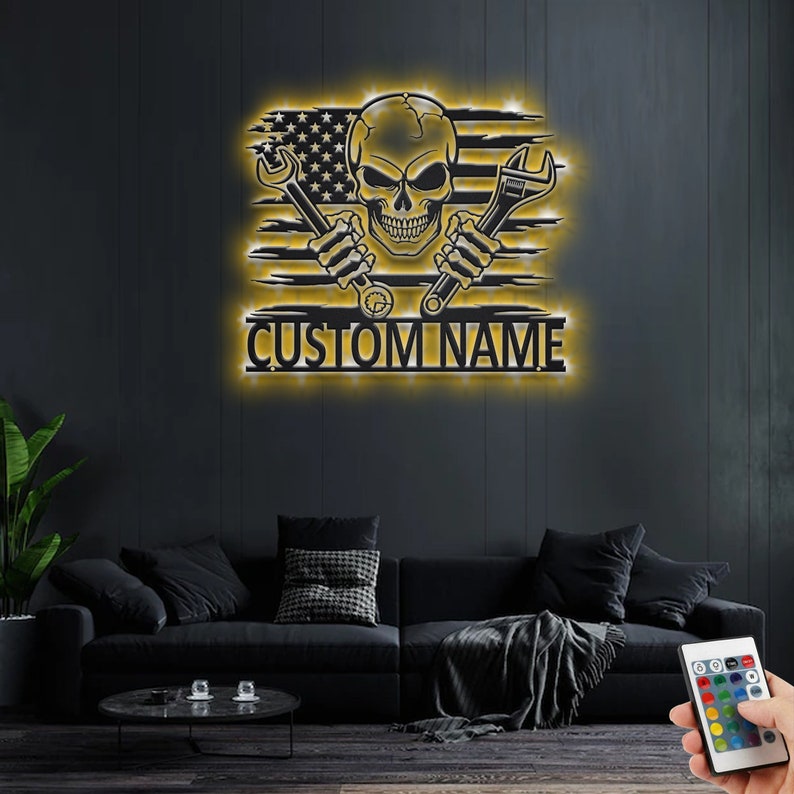 Custom US Skull Mechanic Metal Wall Art With LED Light, Personalized Mechanic Garage Name Sign Decoration For Room, Mechanic Metal LED Decor