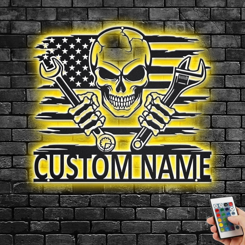 Custom US Skull Mechanic Metal Wall Art With LED Light, Personalized Mechanic Garage Name Sign Decoration For Room, Mechanic Metal LED Decor