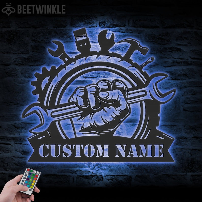 Custom Tools Repair Metal Wall Art LED Light Personalized Car Mechanic Handyman Name Sign Home Decor Wrench Spanner Decoration Carpenter