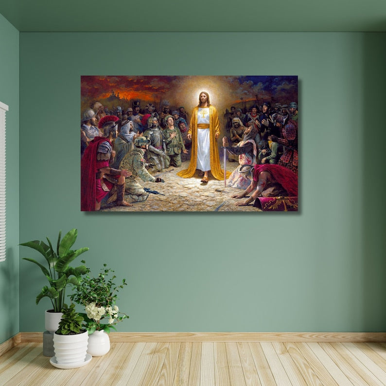 Jesus Protecting Soldiers Wall Art, Christian Military Canvas for Veterans & Faith Decor