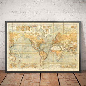 Old Shipping Lanes World Map, 1873 by Berghaus - Giant Atlas Chart - Sea Transport, Railroads, Harbours, Steamers