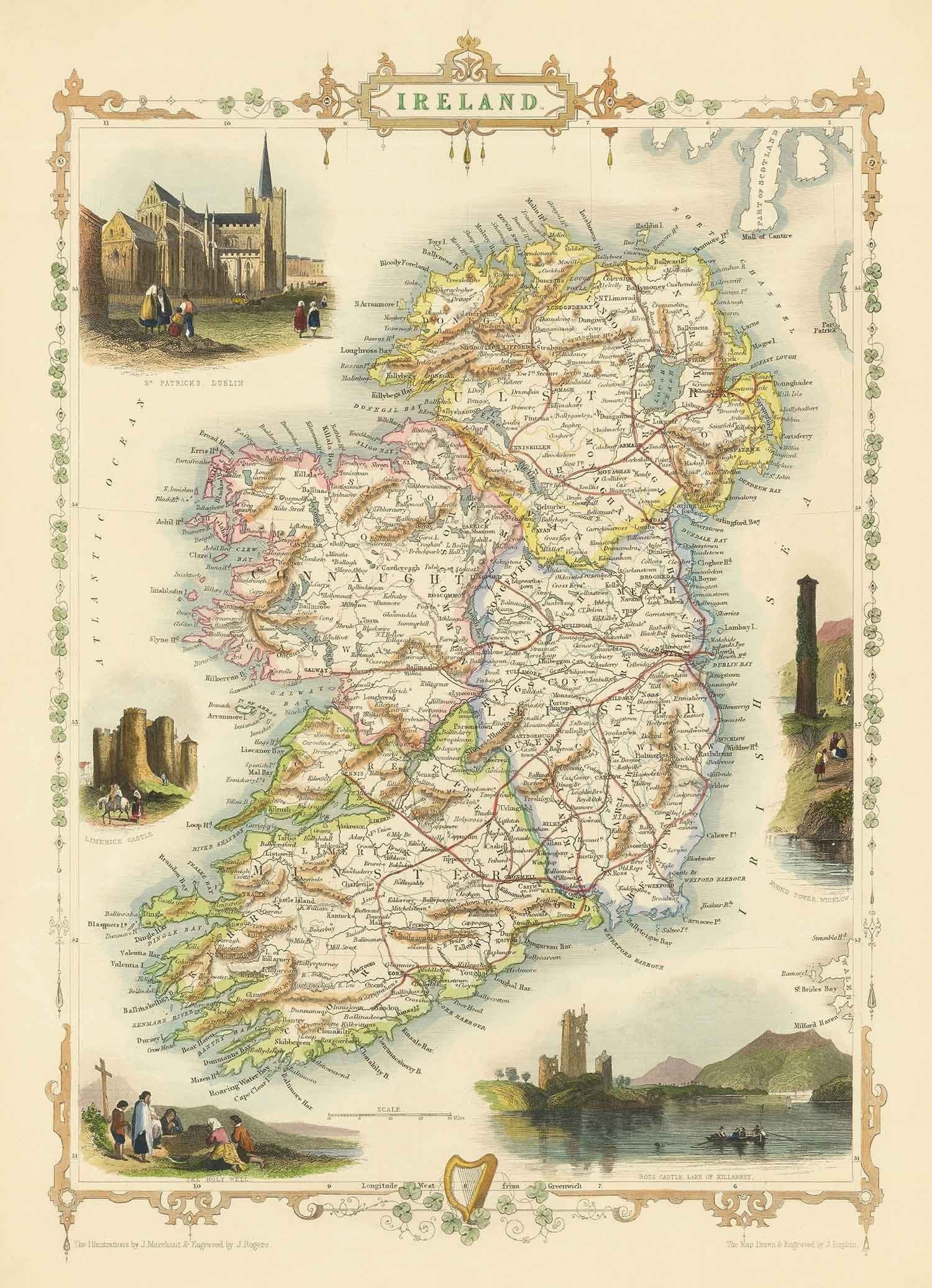 Old Map of Ireland, Eire 1851 by Tallis & Rapkin - Victorian Handcoloured Provinces, Cities, Dublin, Railways