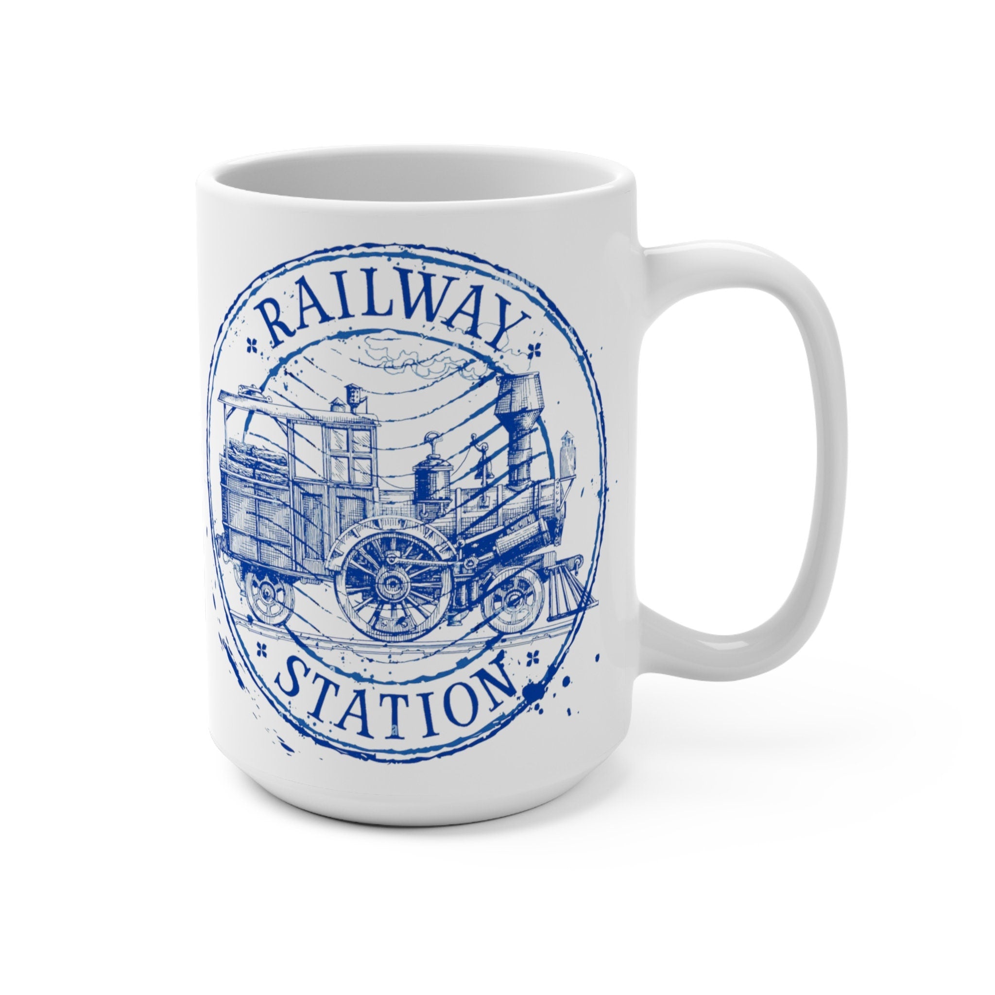 Vintage Steam Engine Mug Old Railway Station & Model Locomotive Artwork