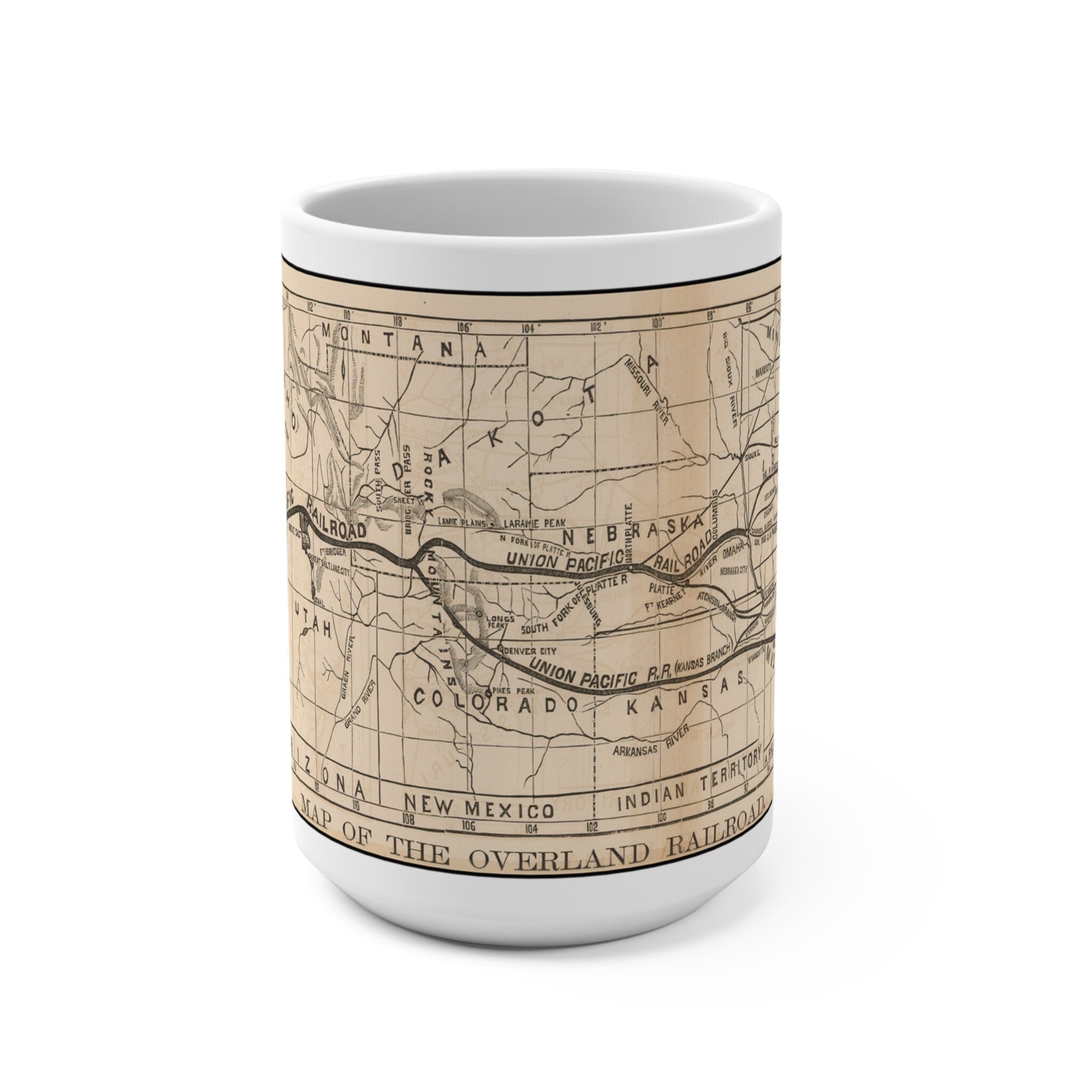 Overland Railroad Map & Steam Engine Coffee Mug Perfect for Train Model Lovers