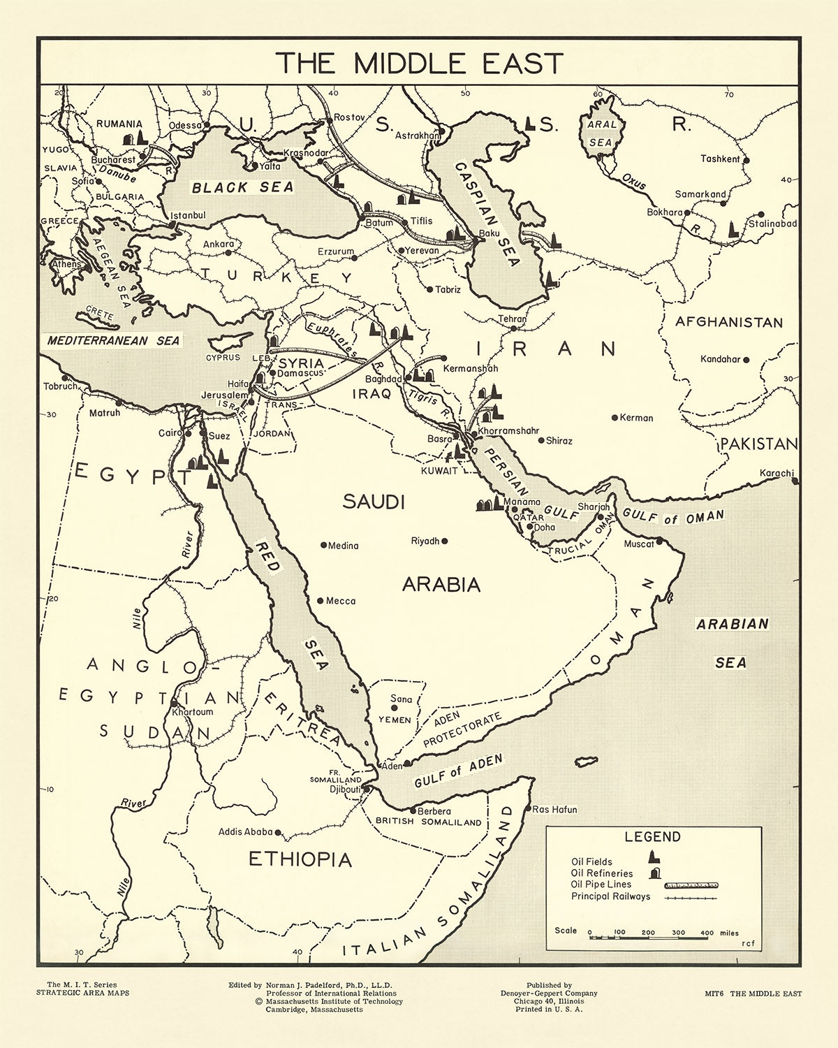 Old Map of Middle East Oil Industry by Padelford, 1950: Oil Fields, Pipelines, Railways, Saudi Arabia, Iran, UAE