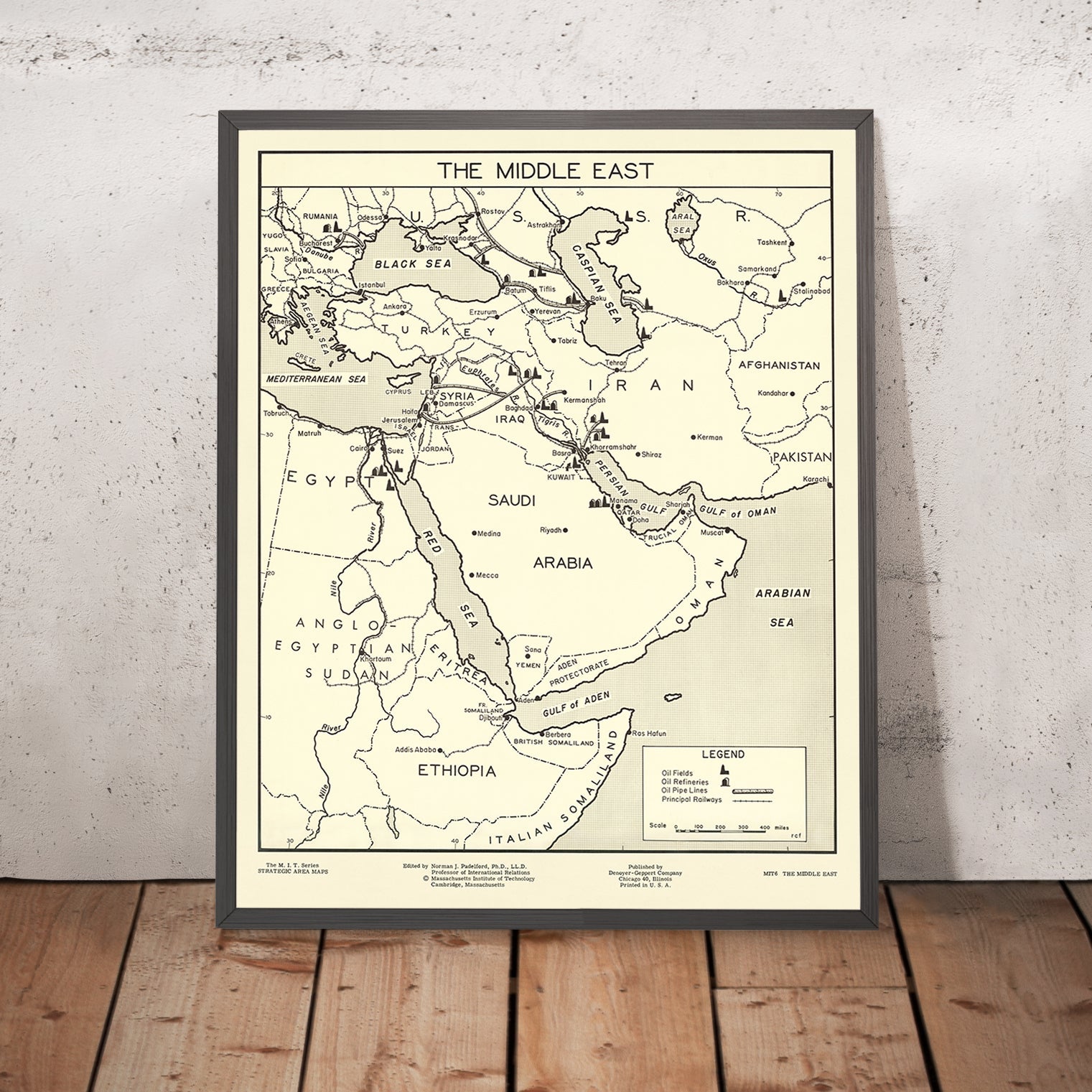 Old Map of Middle East Oil Industry by Padelford, 1950: Oil Fields, Pipelines, Railways, Saudi Arabia, Iran, UAE
