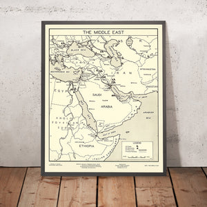 Old Map of Middle East Oil Industry by Padelford, 1950: Oil Fields, Pipelines, Railways, Saudi Arabia, Iran, UAE