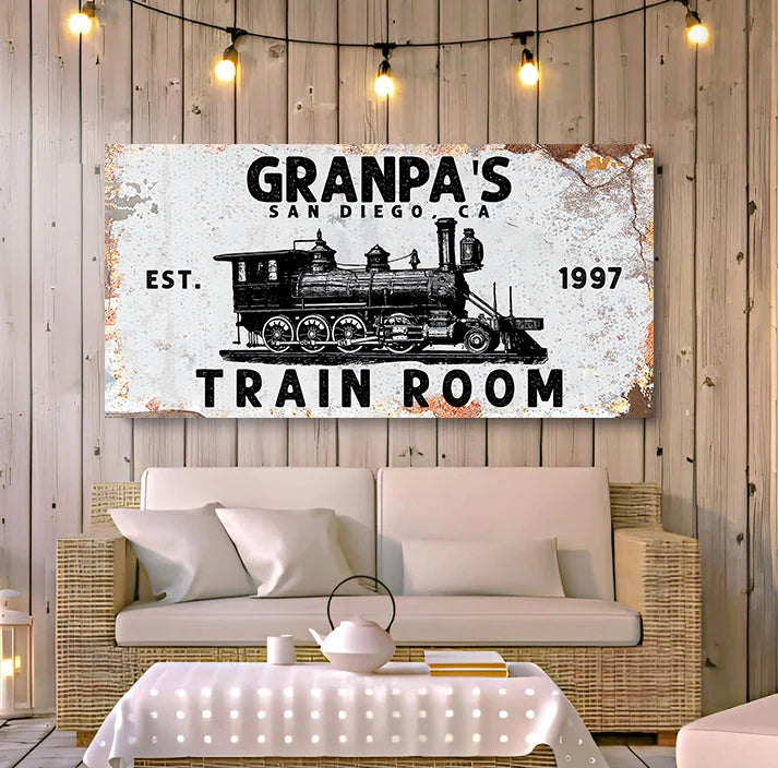Railspirit Vintage Train Canvas Train Room Rusty Home Decor with Custom Name Year and Location