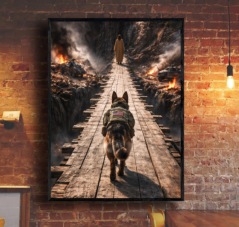 Military K9 Dog Wall Art Canvas, Soldier Faith Artwork, Battlefield Bridge Scene, Patriotic Home Decor Gift for Veteran Dad