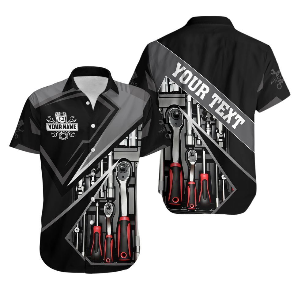 Custom Mechanic Shirt with Tools Design, Personalized Name & Text, Unique Work Apparel for Car Mechanics and DIY Enthusiasts