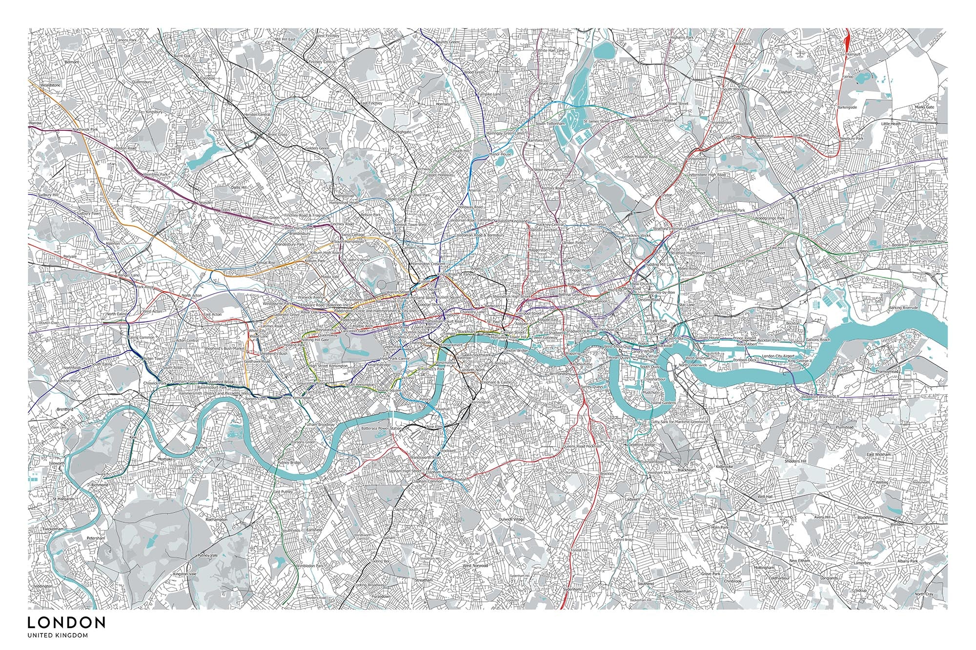 Modern London Map with Real Underground Tube & Overground Train Routes