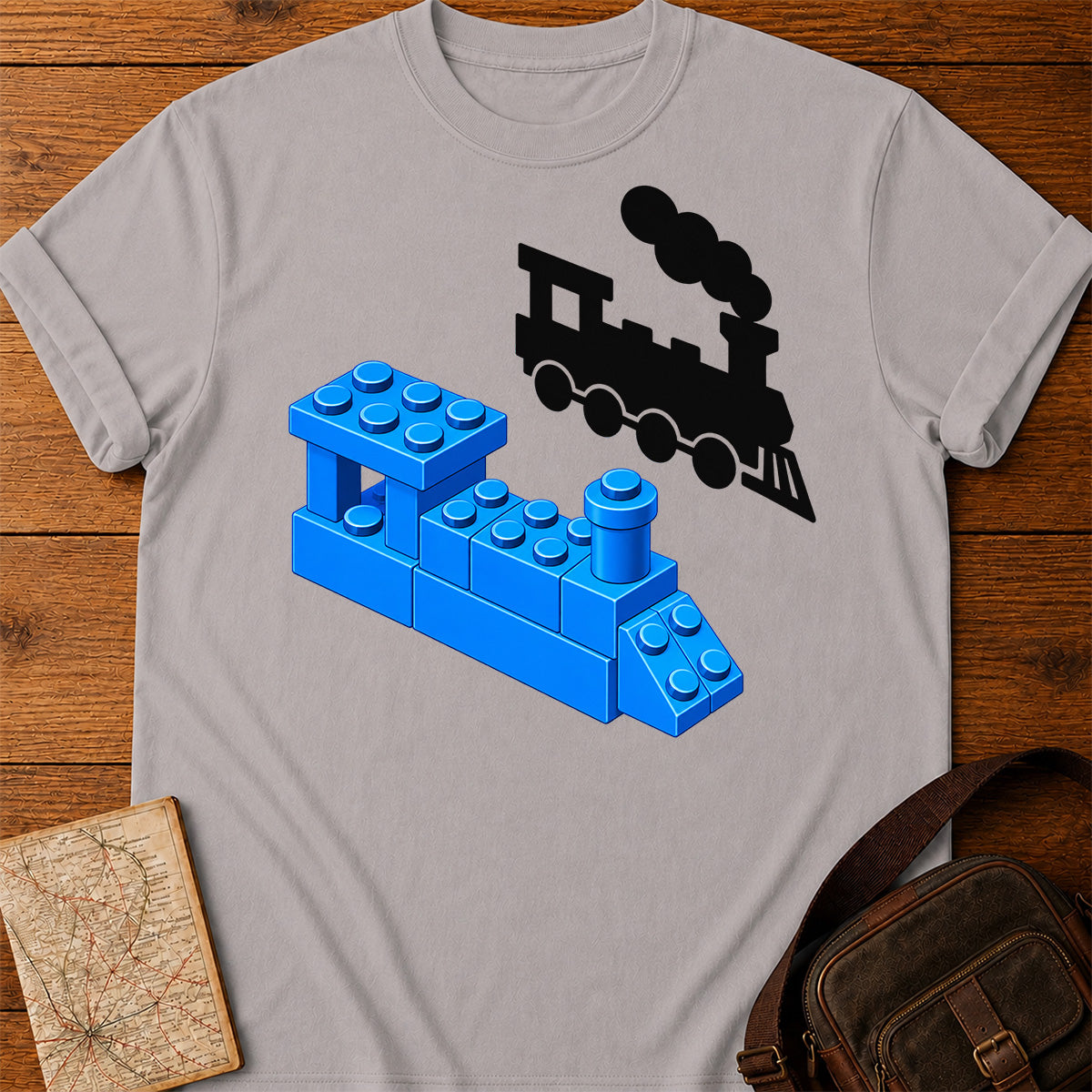 Blue Building Block Train and Its Black Silhouette T-shirt
