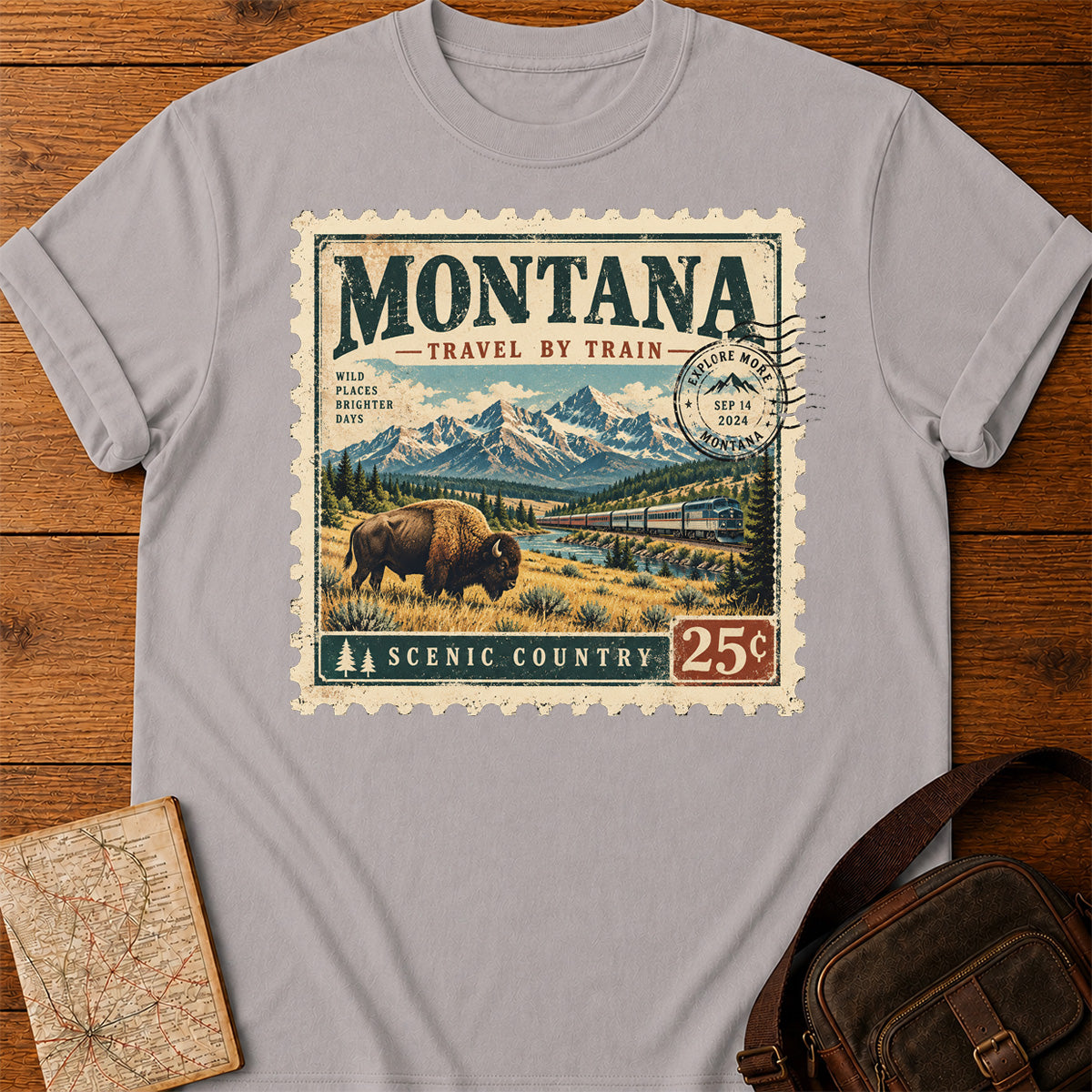 Montana Bison & Mountains Train Ticket T-shirt