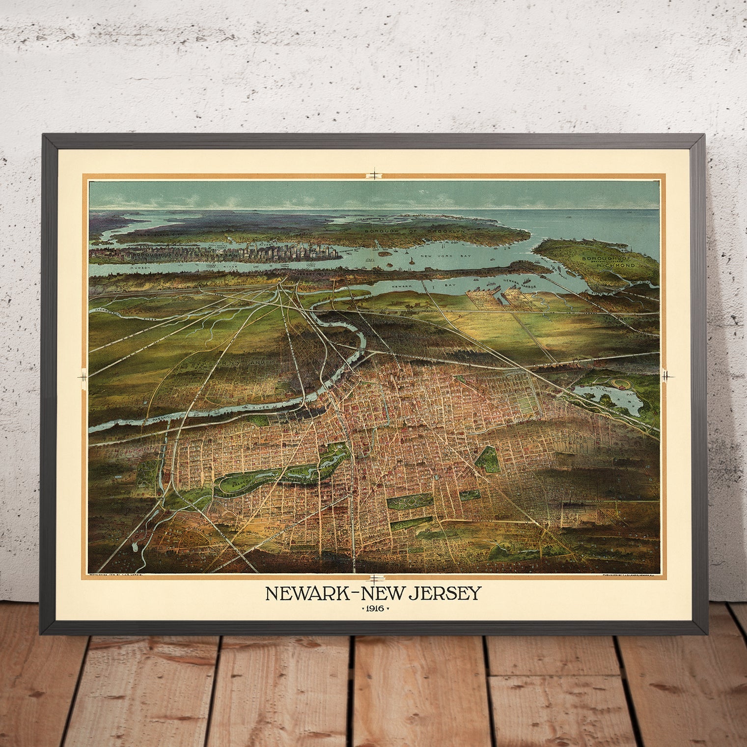 Old Birdseye Map of Newark by Landis, 1916: Manhattan, Newark Harbor, Railways, New York Bay