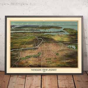 Old Birdseye Map of Newark by Landis, 1916: Manhattan, Newark Harbor, Railways, New York Bay
