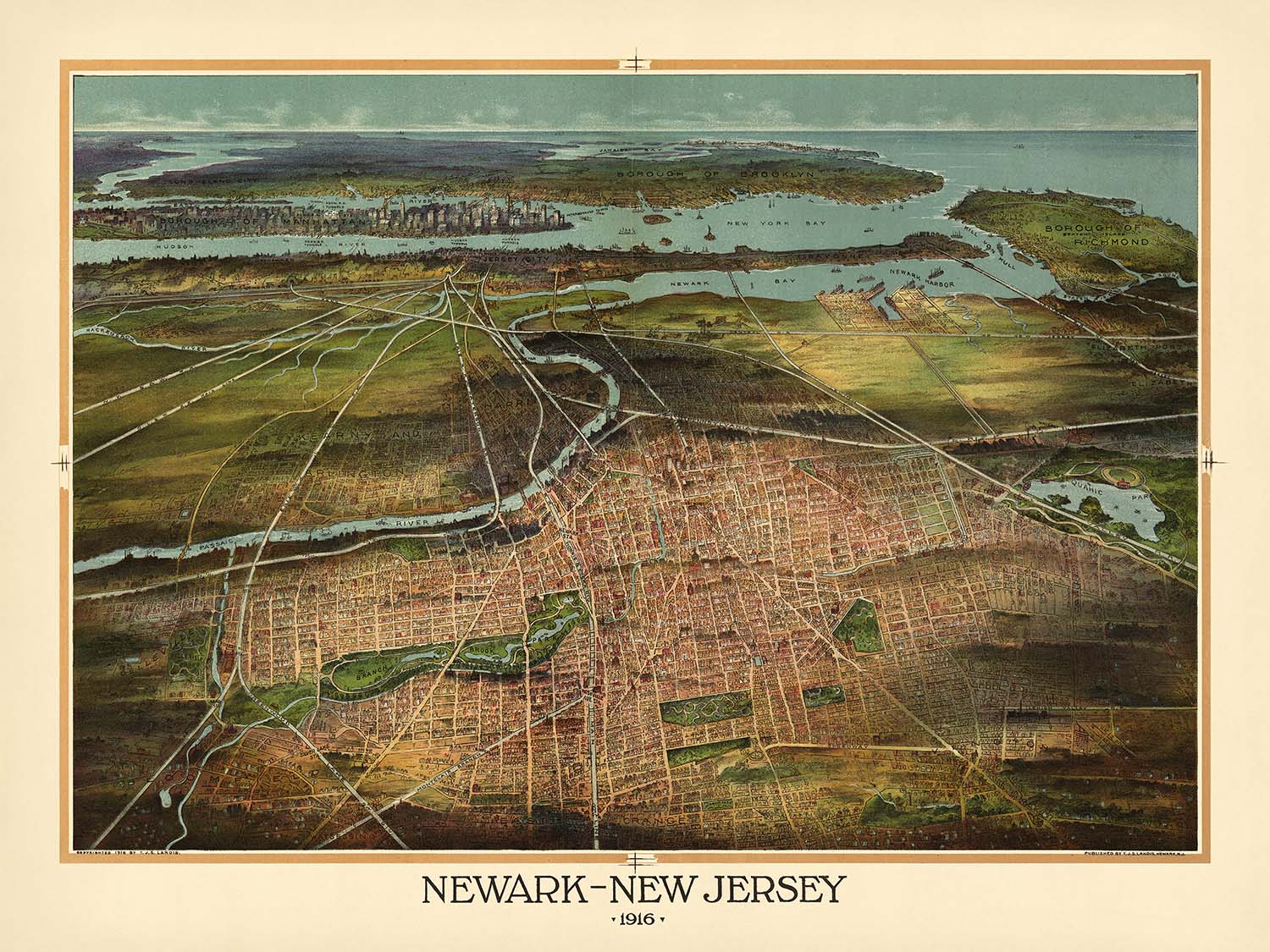 Old Birdseye Map of Newark by Landis, 1916: Manhattan, Newark Harbor, Railways, New York Bay