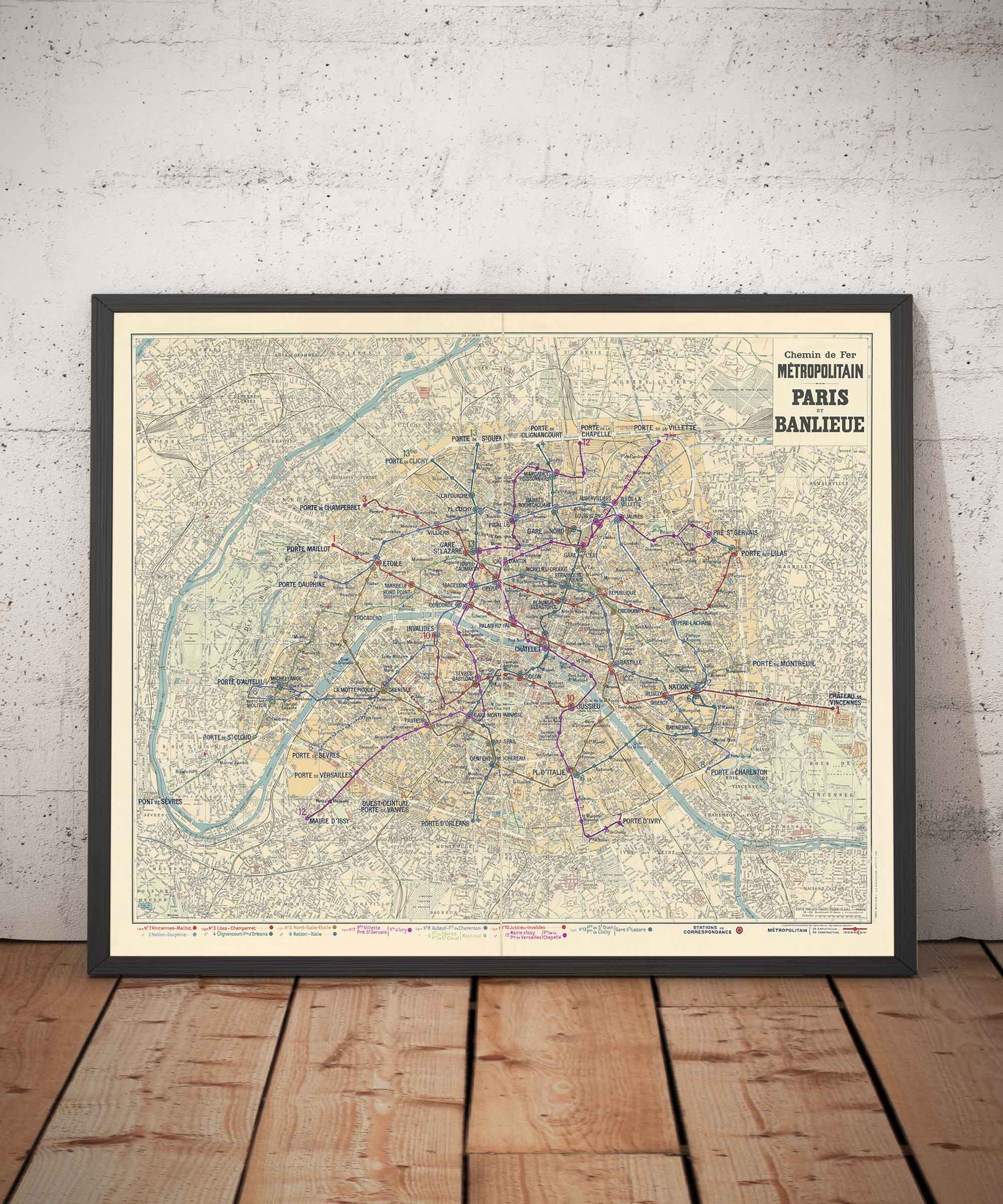 Old Map of Paris Métro Subway and Landmarks, 1934 by Gaillac-Monrocq - 13 Lines, Arc de Triomphe, 20th Century City Tourist Map